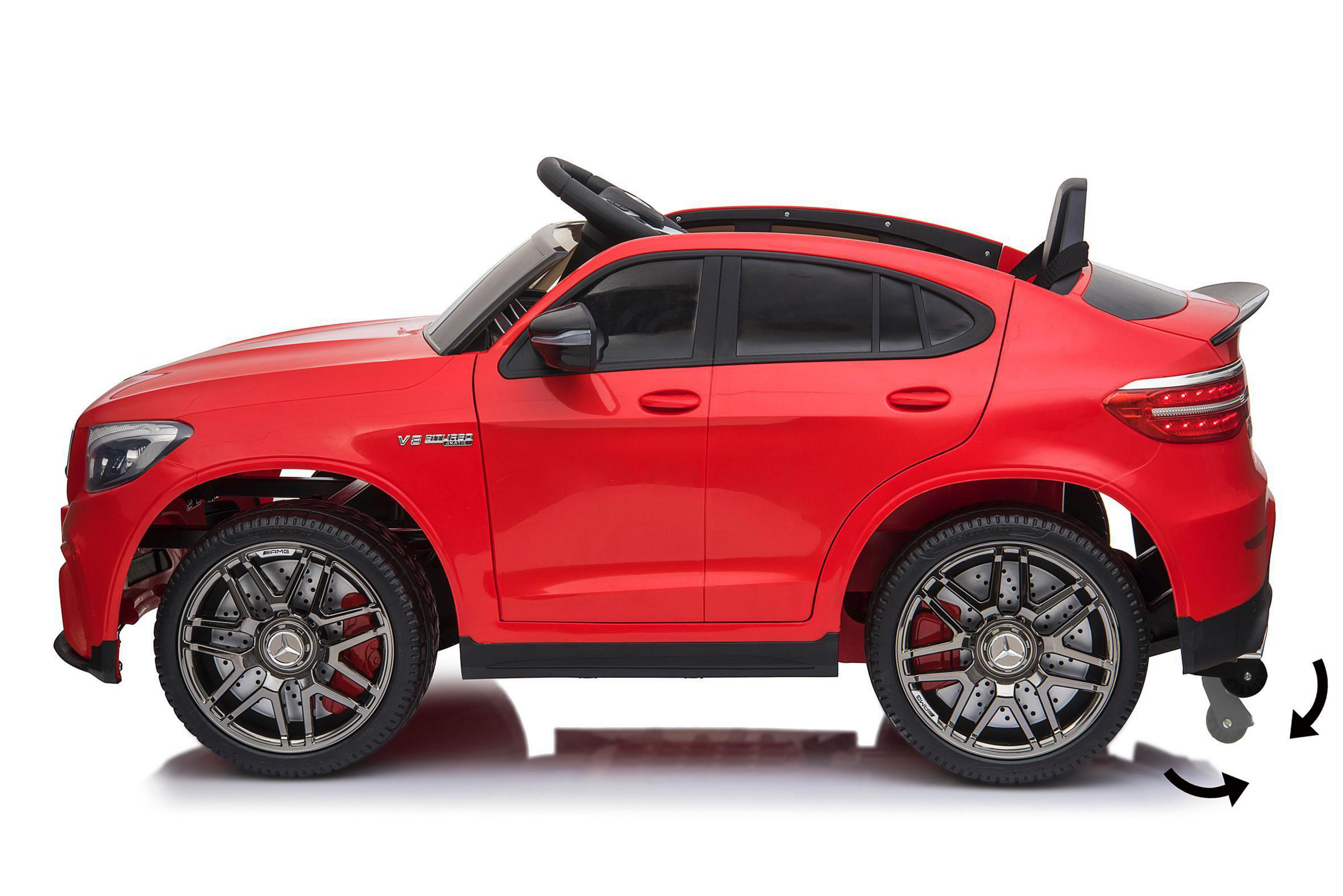 Rotes Spielzeugauto mit schwarzen Rädern und Spoiler. Tür geschlossen, Räder drehen sich.