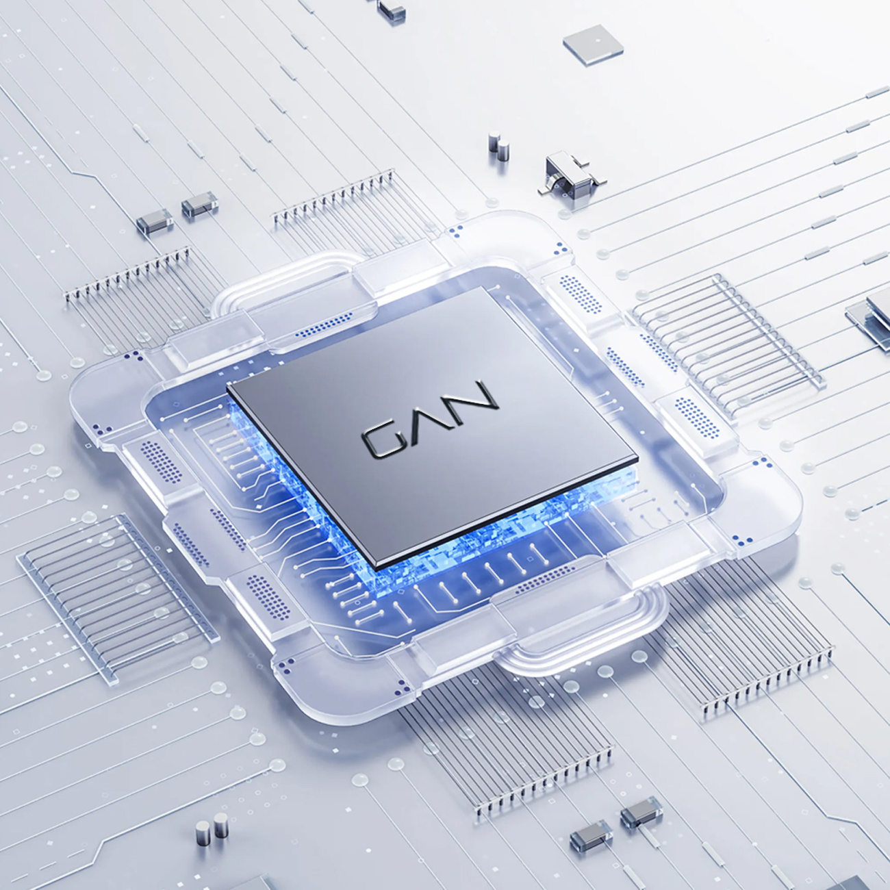 Zbliżenie srebrnej, kwadratowej płytki drukowanej ze słowem GAN. Dookoła niebieskie linie obwodu.