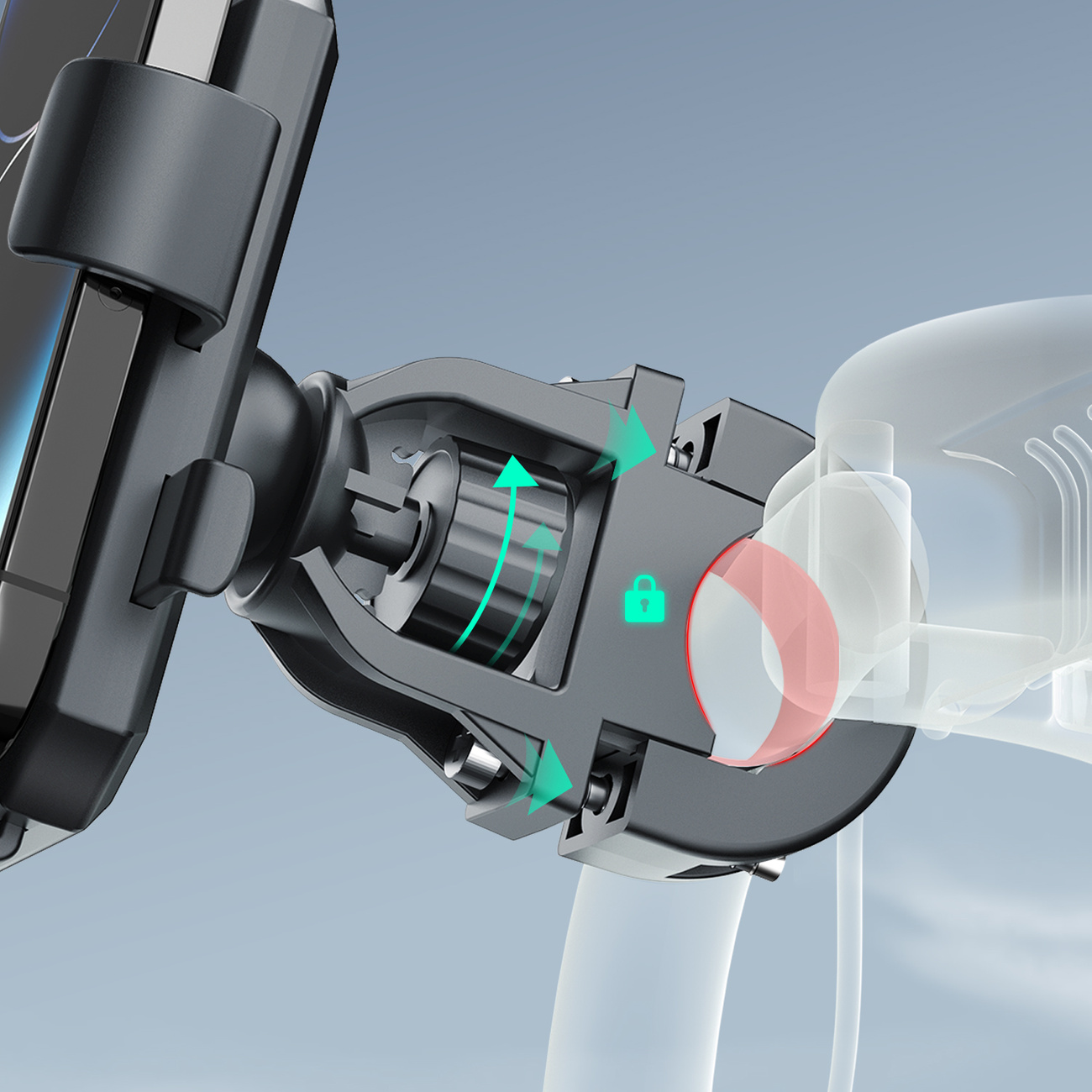 Zbliżenie uchwytu telefonu przymocowanego do kierownicy roweru ze strzałkami wskazującymi kierunki regulacji.