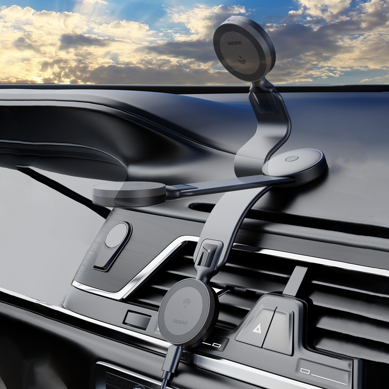 Uchwyty do telefonu samochodowego na desce rozdzielczej. Uchwyt jest czarny. Tło pokazuje wnętrze samochodu.