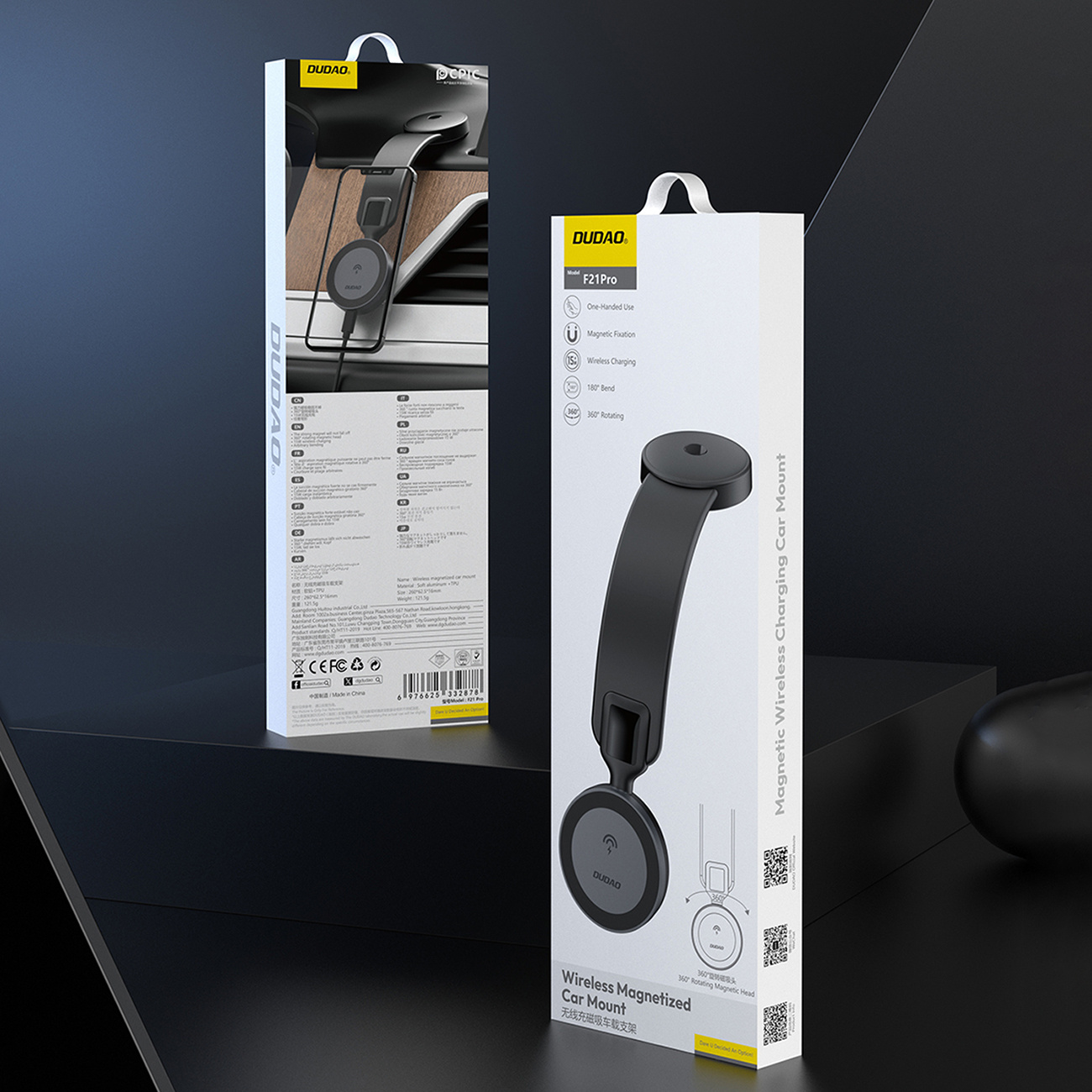 Dwa pudełka uchwytu samochodowego. Pokazujące produkt i funkcję ładowania magnetycznego.
