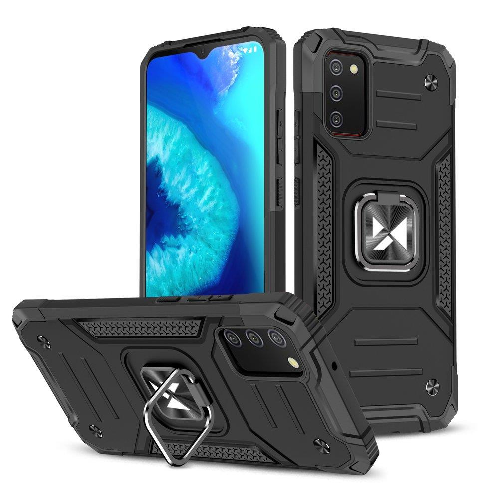 Trzy czarne etui na telefon z uchwytem na pierścień. Jeden telefon jest w etui, dwa są osobno.
