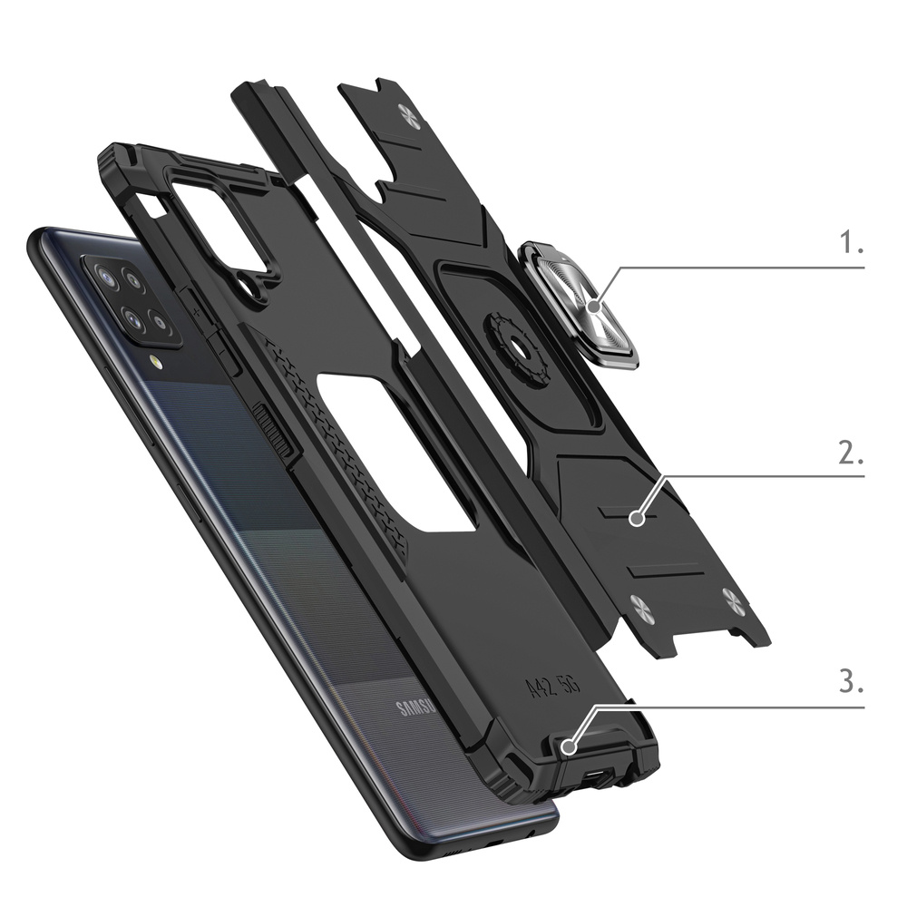 Widok rozłożony etui na telefon z uchwytem na pierścień. Telefon jest w tle.