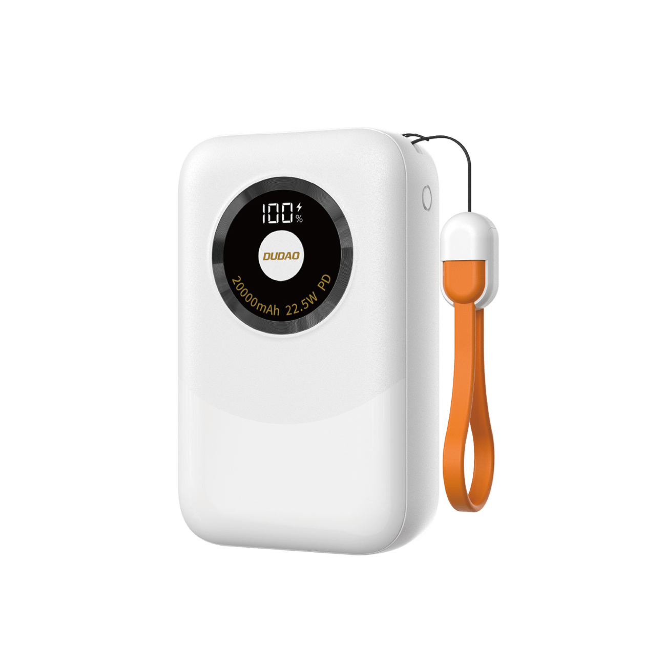 Biały power bank z ekranem pokazującym 100% naładowania. Dołączony pomarańczowy pasek.