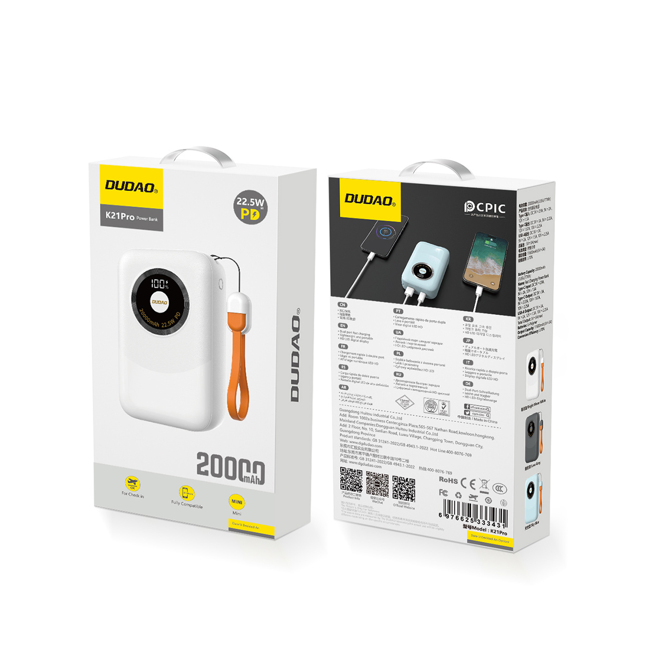 Opakowanie power banku ze zdjęciami i tekstem. Bank jest biały z pomarańczowym paskiem.