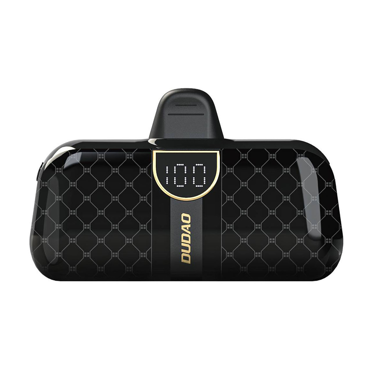 Czarny power bank z wyświetlaczem LCD. Białe tło.