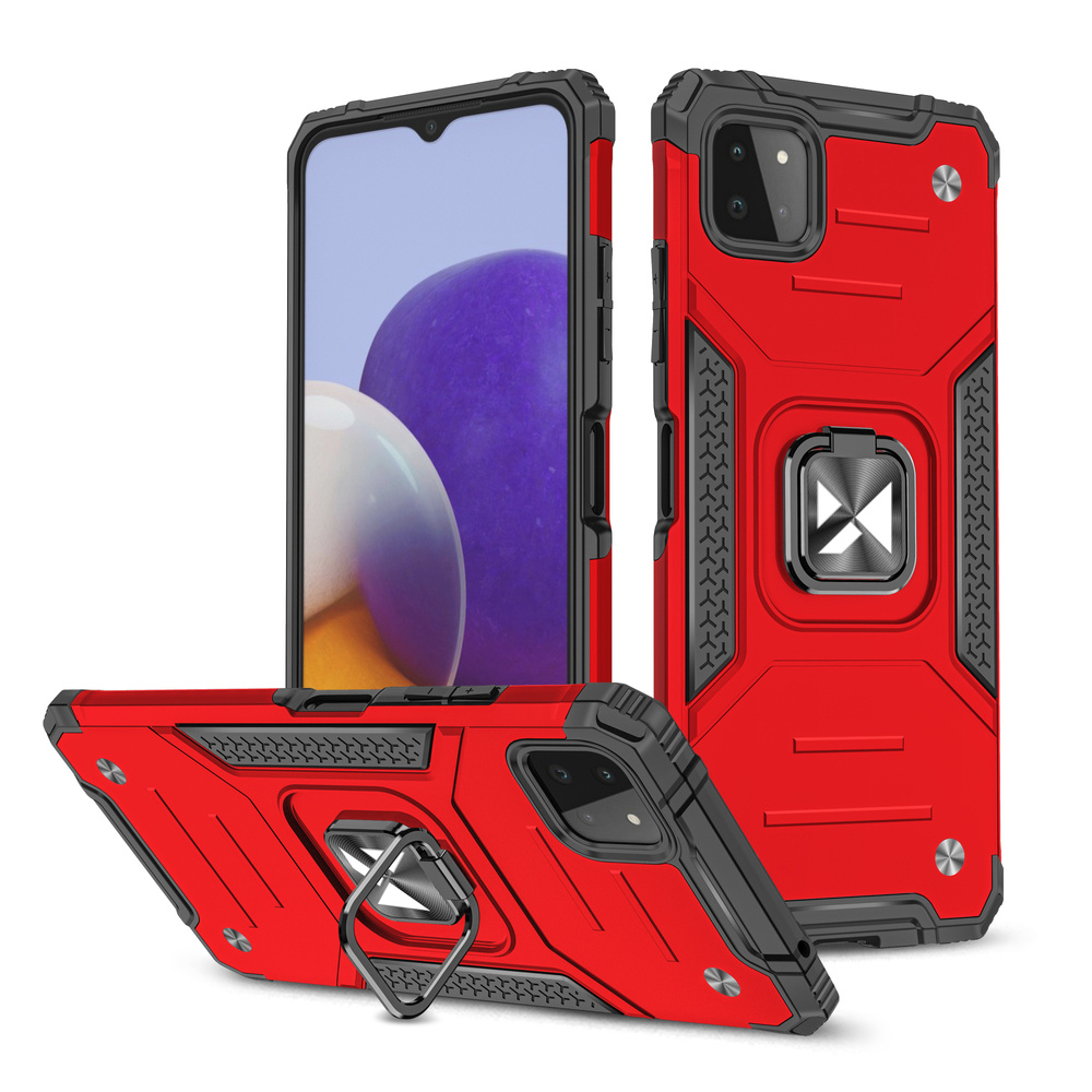 Trzy czerwone etui na telefon z uchwytem na pierścień. Jedno etui pokazuje ekran telefonu.