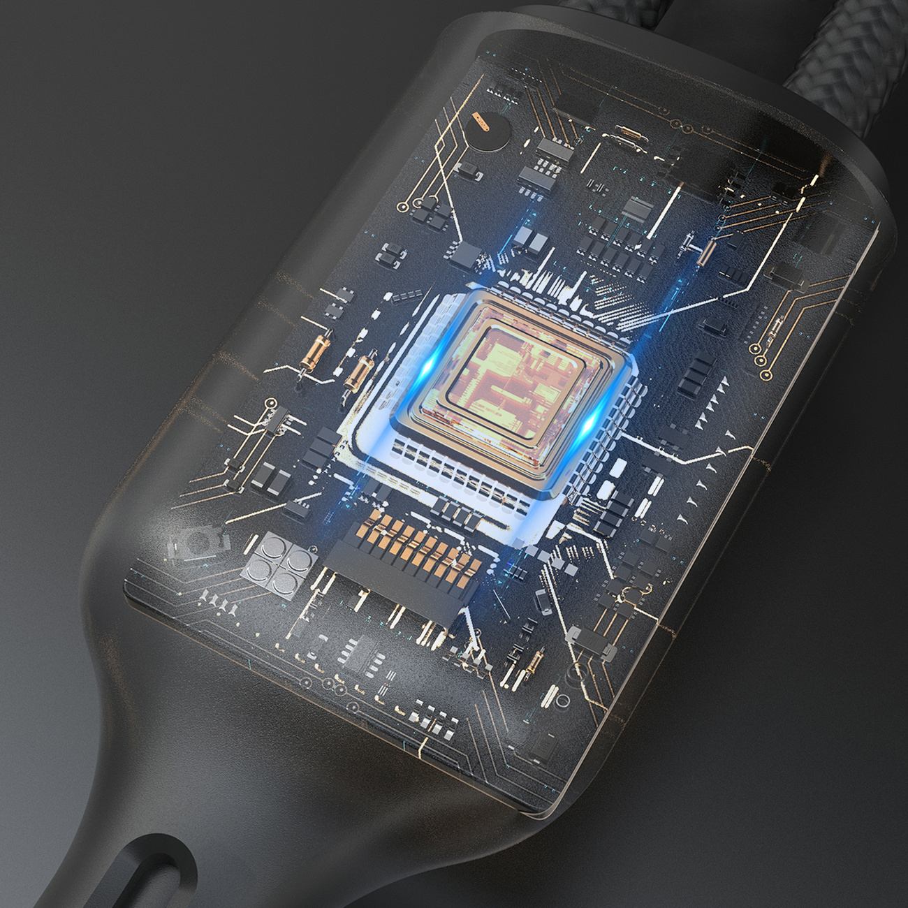 Zbliżenie czarnego kabla z przezroczystym fragmentem, pokazującym elementy wewnętrzne.