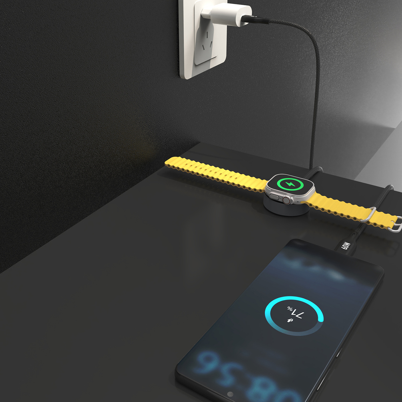 Zegarek ładujący się bezprzewodowo na ciemnej powierzchni z telefonem pokazującym 77% baterii.