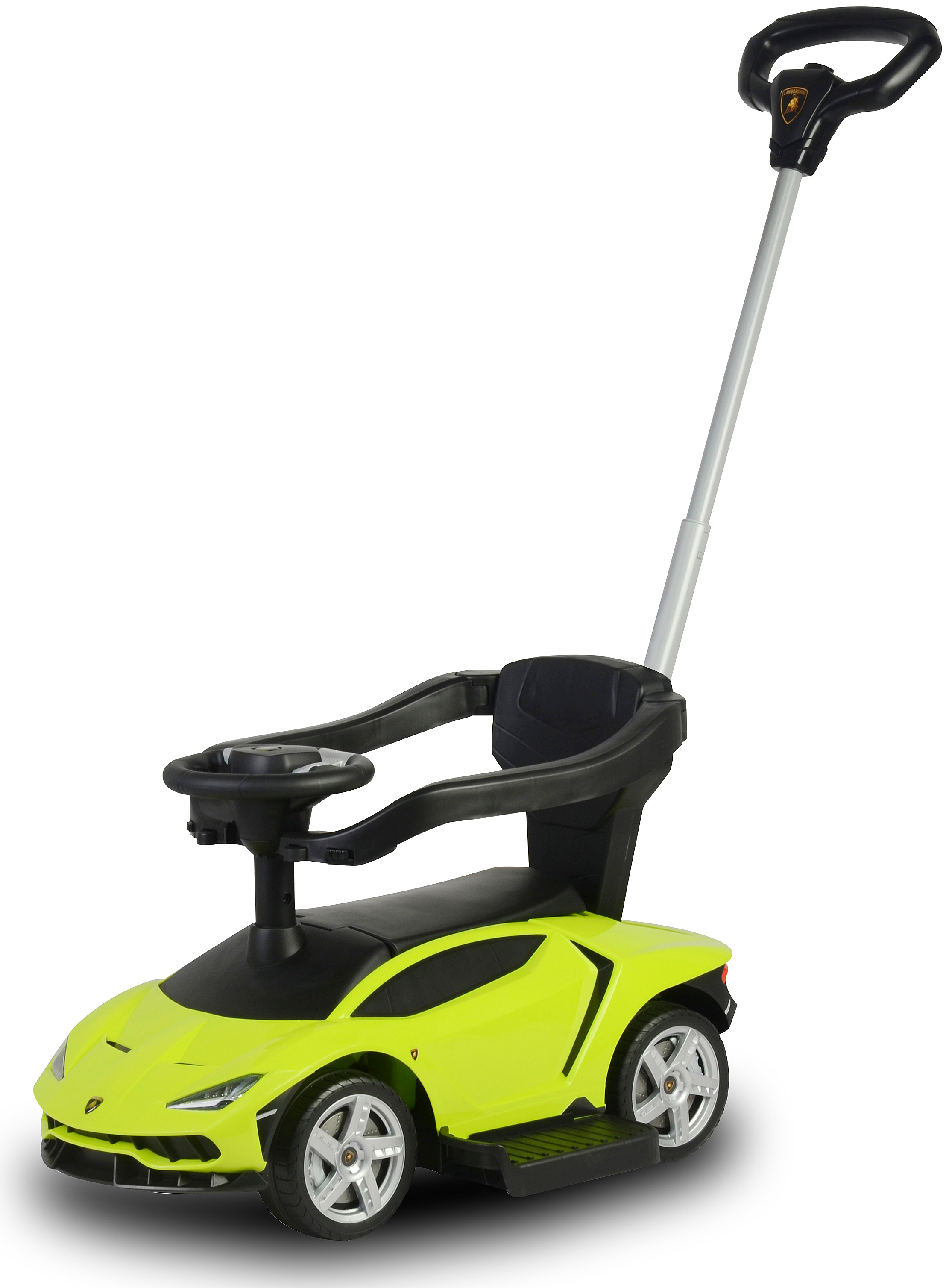 Se muestra un coche de juguete verde y negro con un asa y un asiento. El coche tiene volante y ruedas. El fondo es blanco.