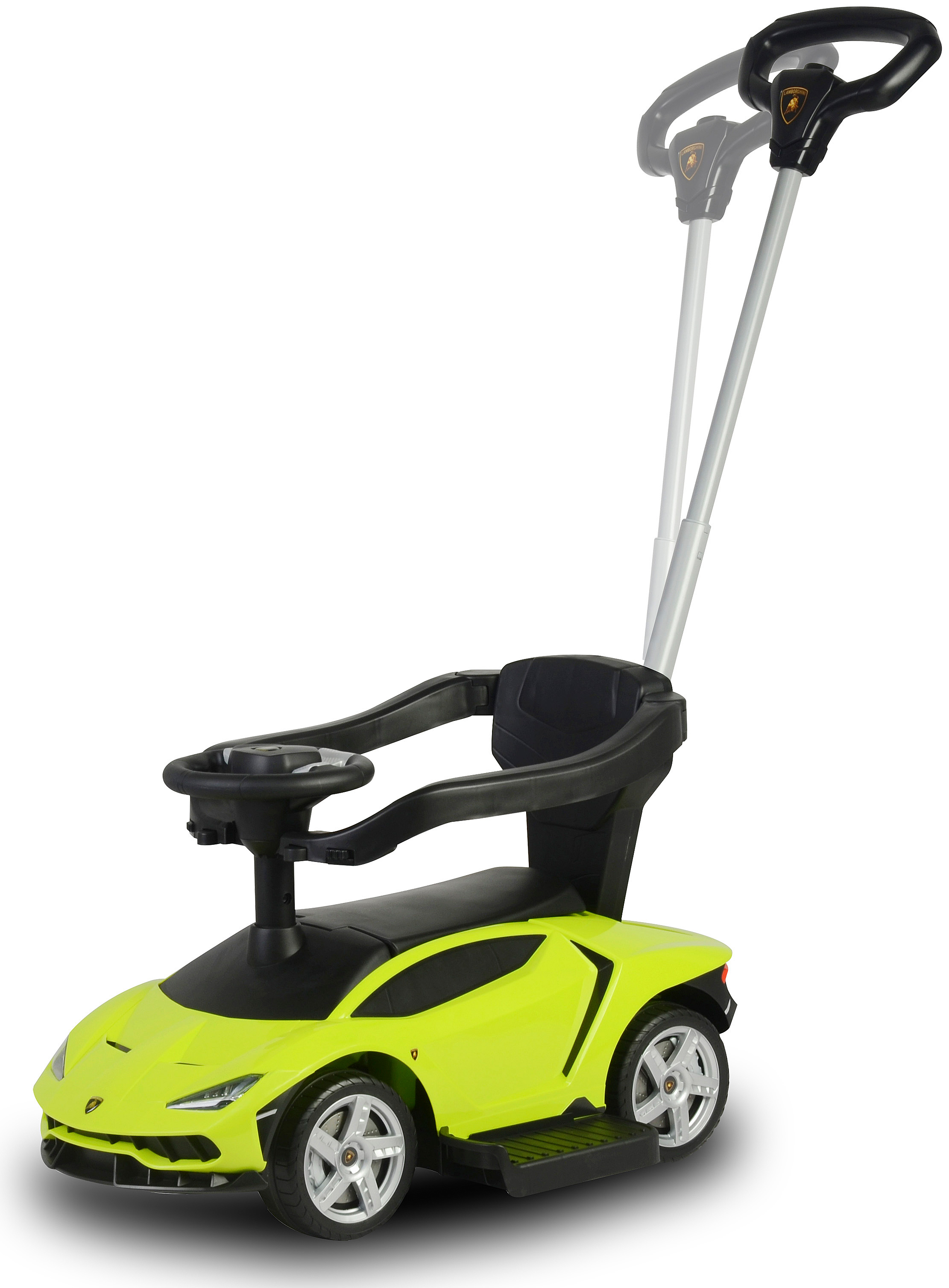 Se muestra un coche de juguete verde y negro con un asa y un asiento. El coche tiene volante y ruedas. El fondo es blanco.