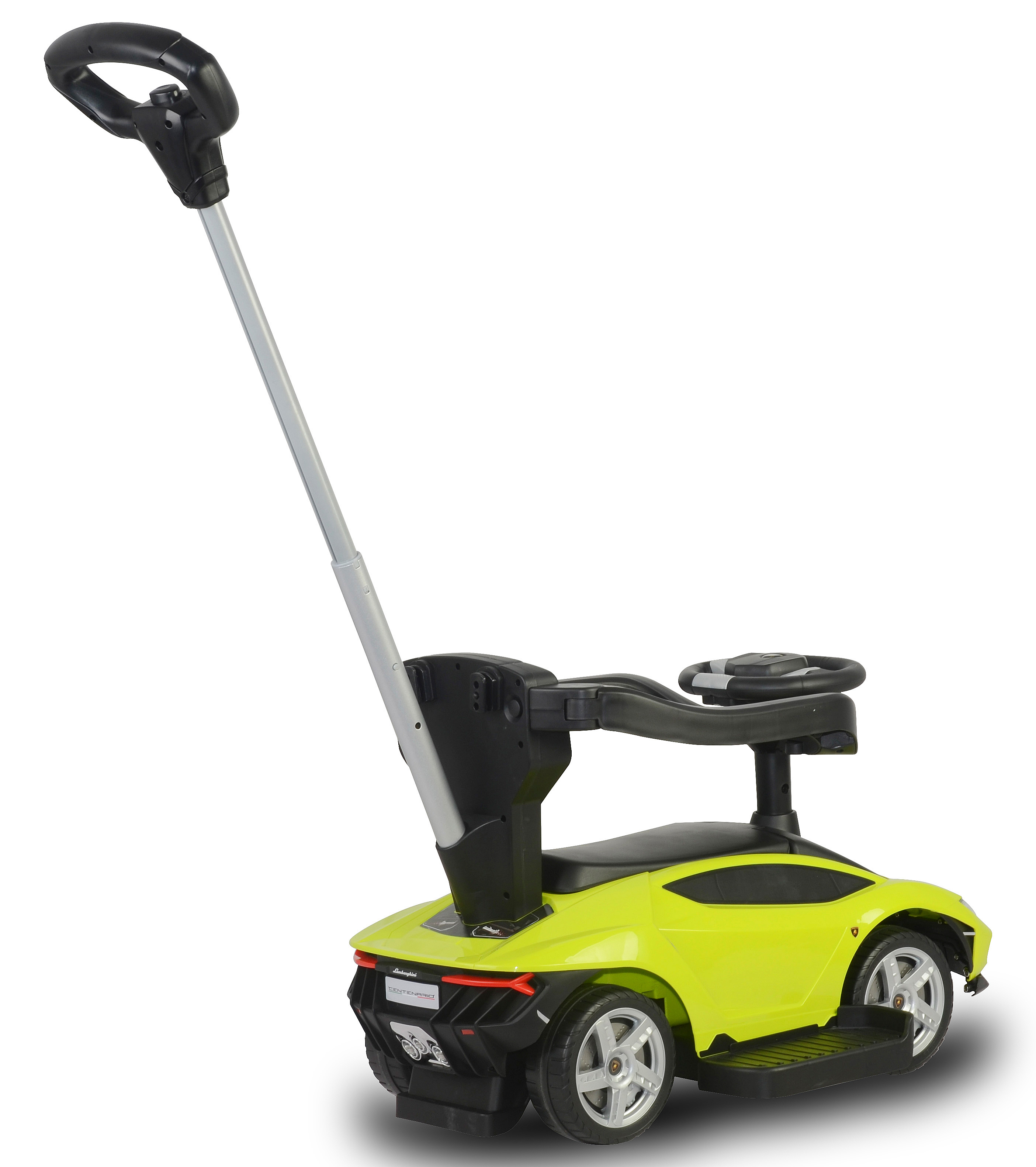 Se muestra un coche de juguete verde y negro con un asa y un asiento. El coche tiene volante y ruedas. El fondo es blanco.