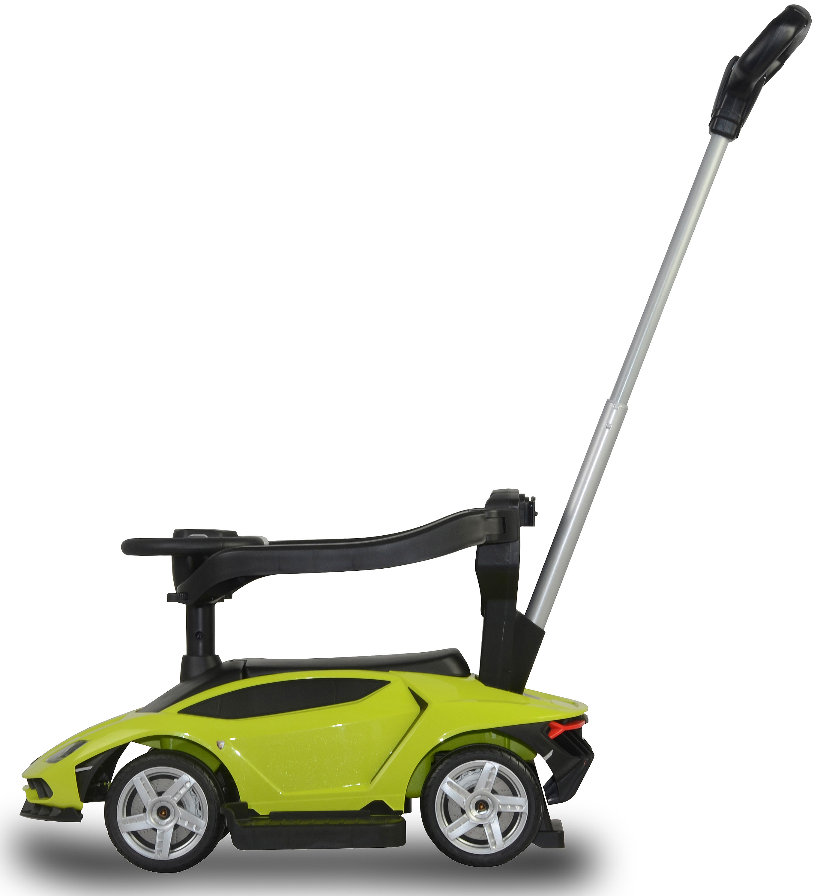 Se muestra un coche de juguete verde y negro con un asa y un asiento. El coche tiene volante y ruedas. El fondo es blanco.