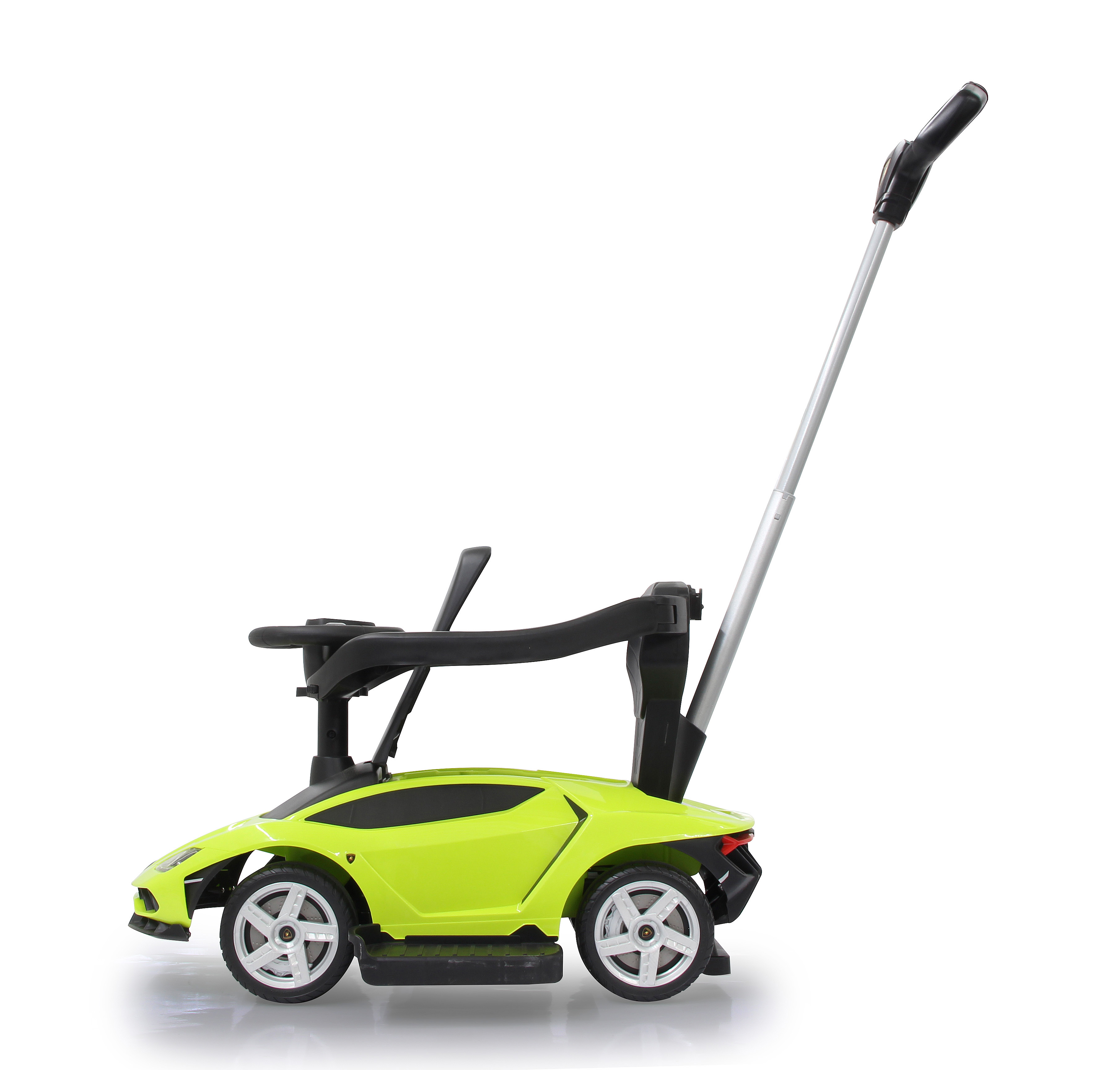 Coche de juguete de paseo verde lima estilo Lamborghini con mango plateado. Tiene ruedas blancas y asiento negro.