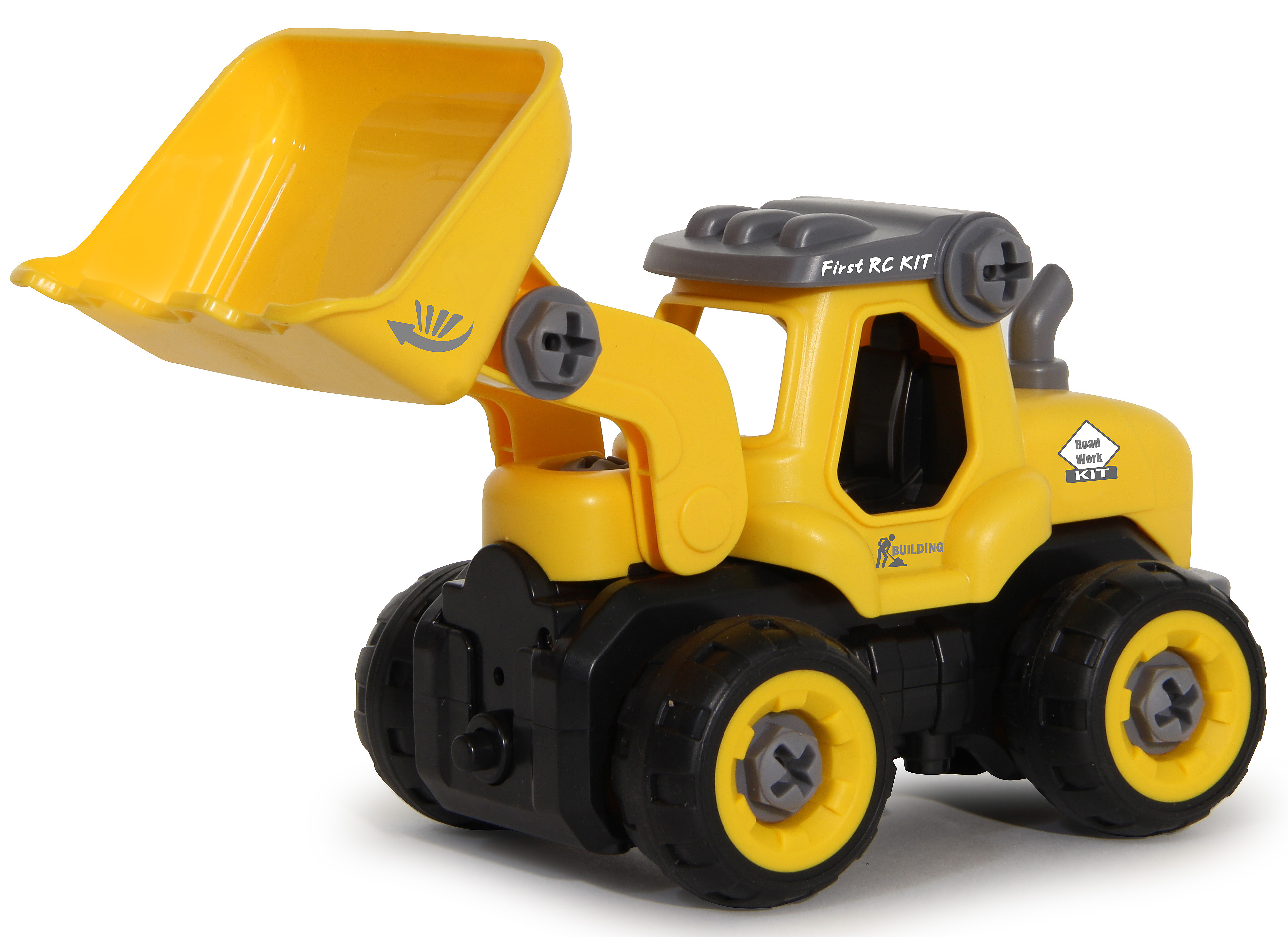 Gelber Spielzeugbagger mit schwarzen Rädern, einer Schaufel und einer Kabine. Auf weißer Oberfläche. Road Work Kit Aufkleber.