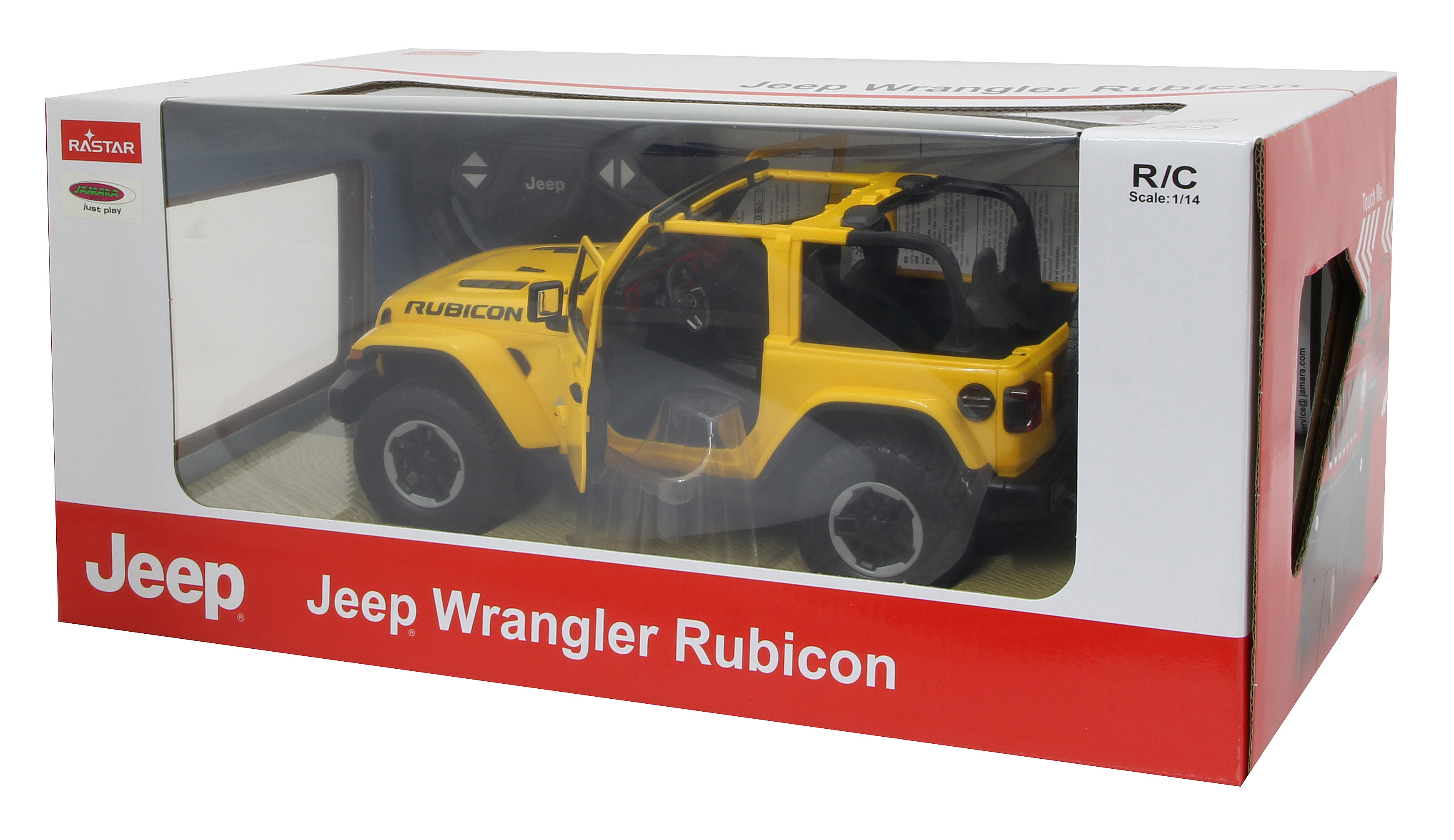 Gelbes Jeep Wrangler Rubicon Spielzeugauto in einer Box. Es zeigt das Innere des Autos, die Räder und das Jeep-Logo.