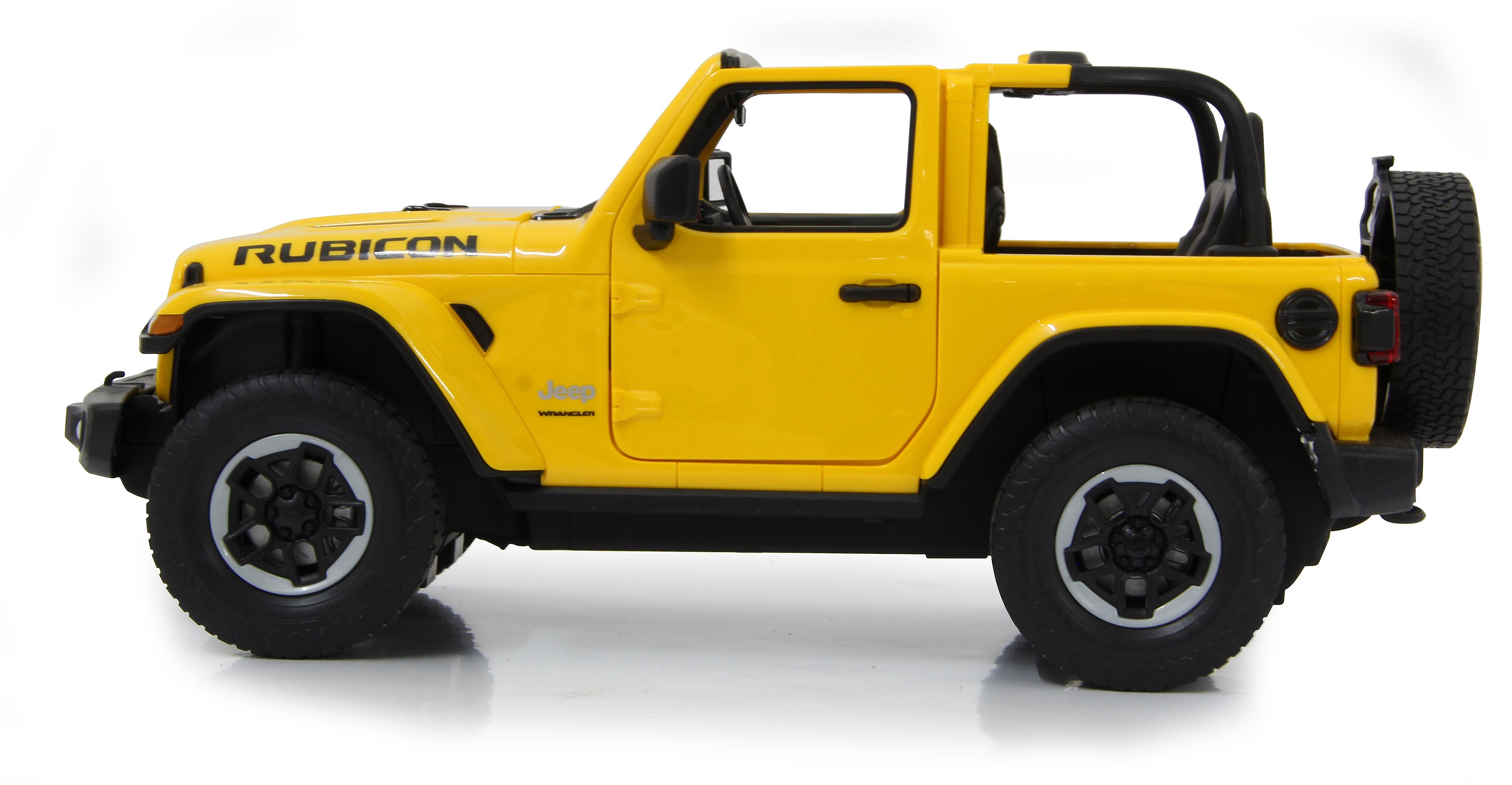 Gelbes Jeep Rubicon Spielzeugauto von der Seite betrachtet, Türen geschlossen, weißer Hintergrund.