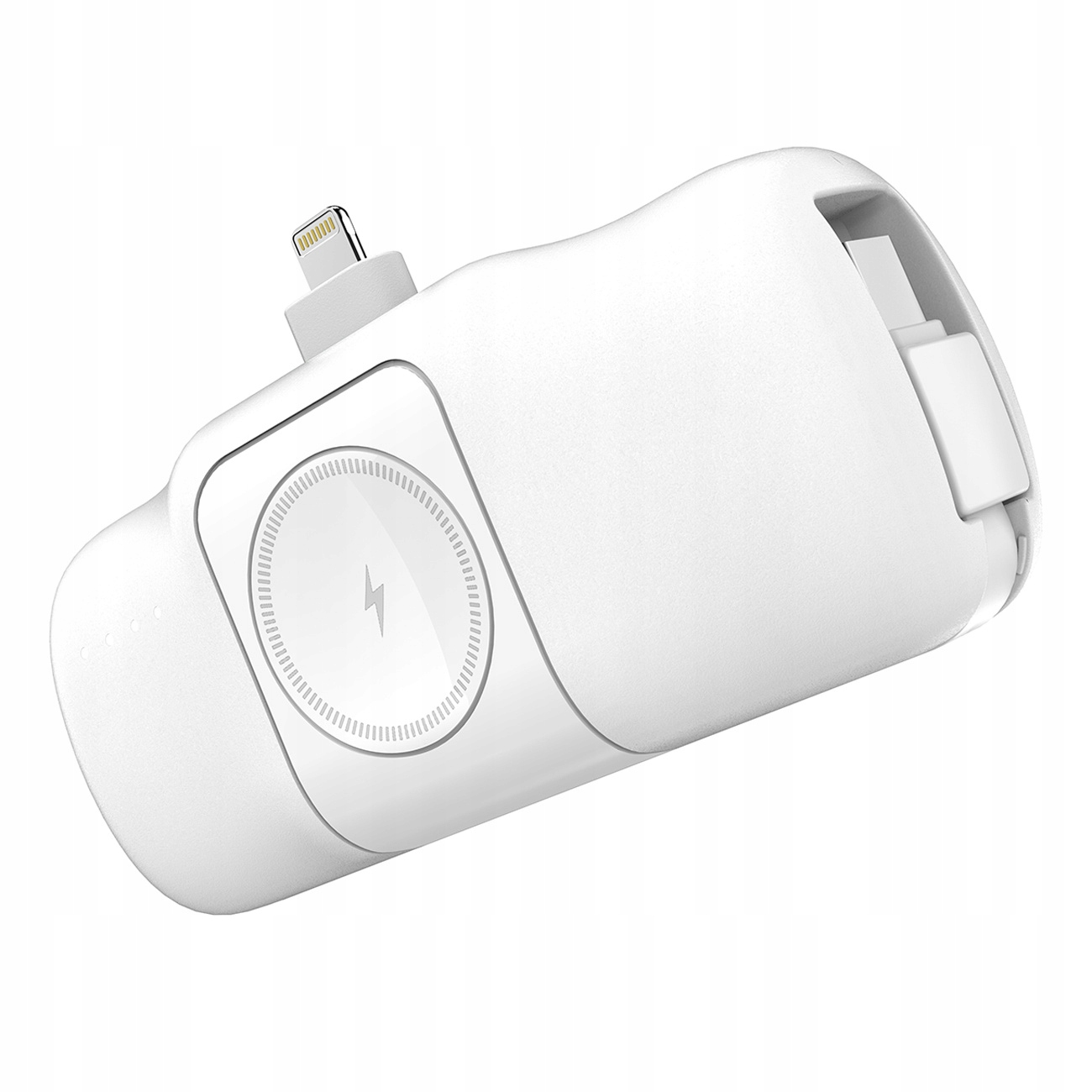 Białe urządzenie ładujące z złączem Lightning i symbolem ładowania, widok pod kątem.