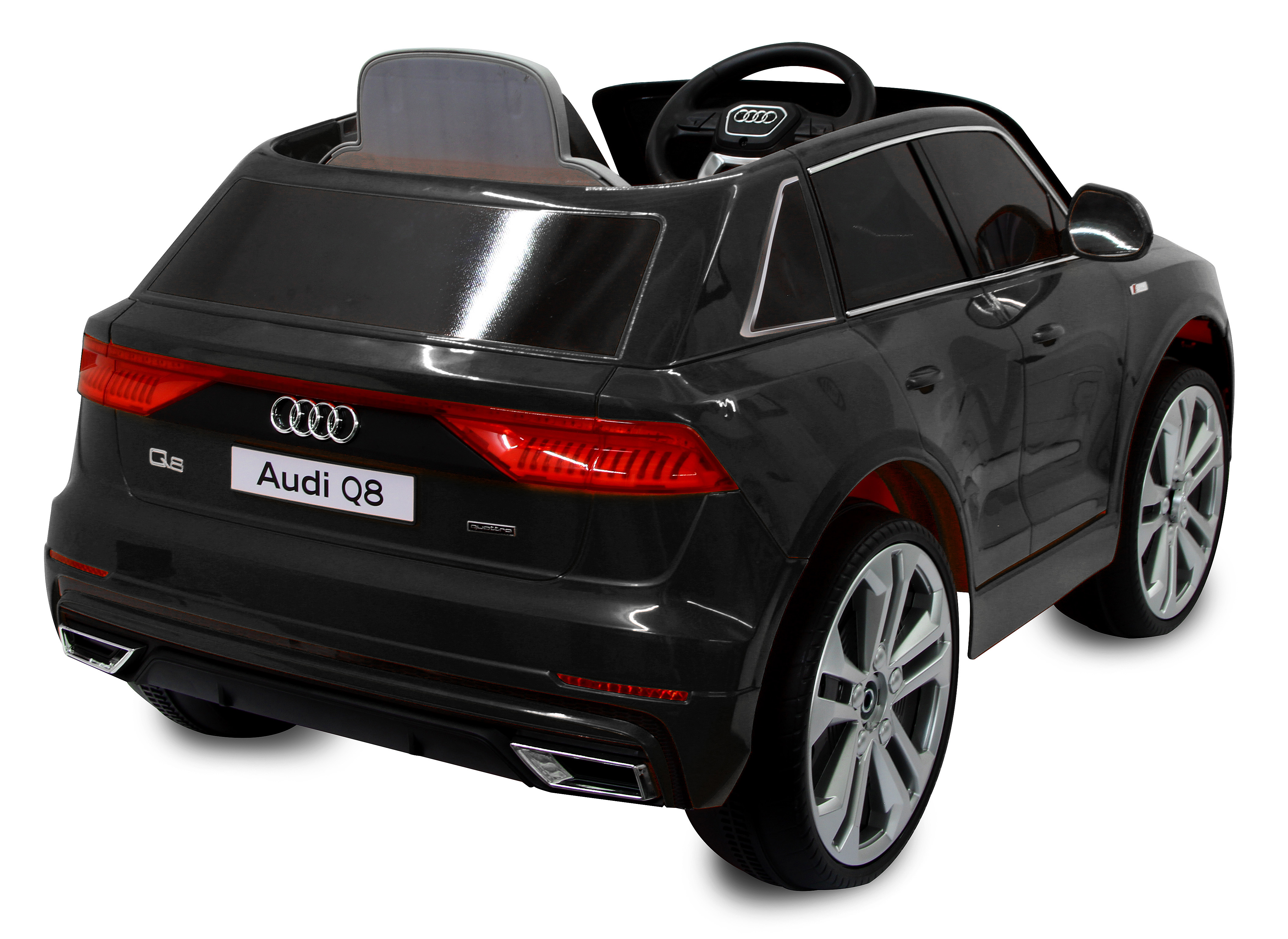 Ein schwarzes Audi Q8 Spielzeugauto mit silbernen Felgen und roten Rücklichtern, von hinten gesehen.