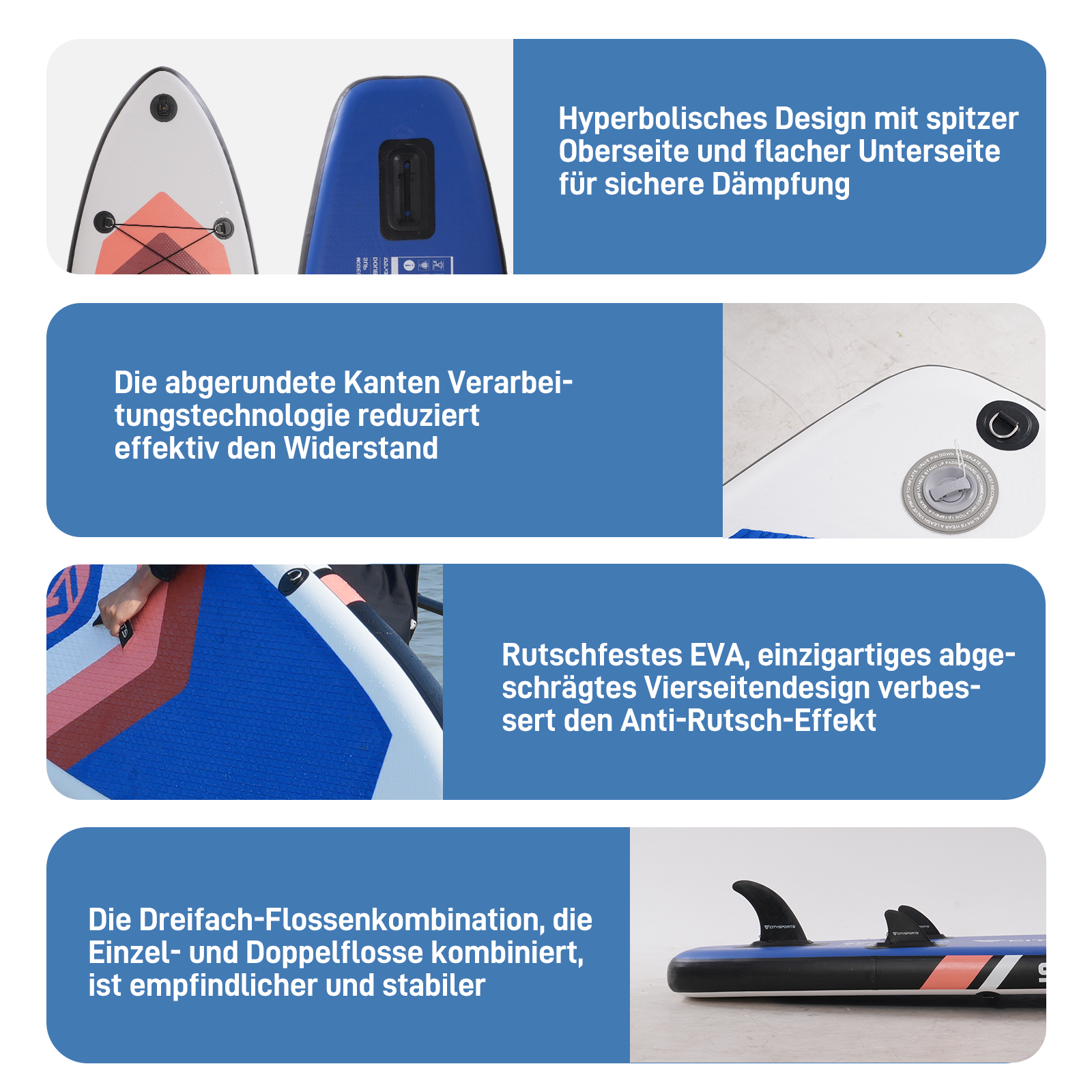 Vier Bilder mit Text über Details eines Stand-Up-Paddleboards (SUP) auf Deutsch.