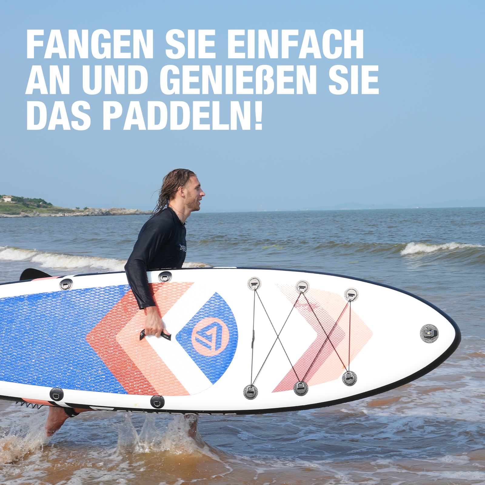 Person geht mit Paddleboard ins Meer. Text: Fangen Sie einfach an und genießen Sie das Paddeln!