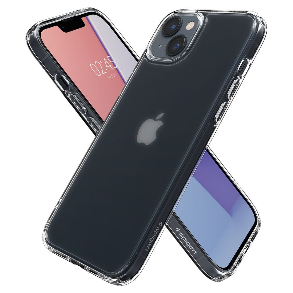 Zwei Telefone in transparenten Hüllen, eines mit rosa Bildschirm, das andere abgewinkelt, mit Apple-Logo.