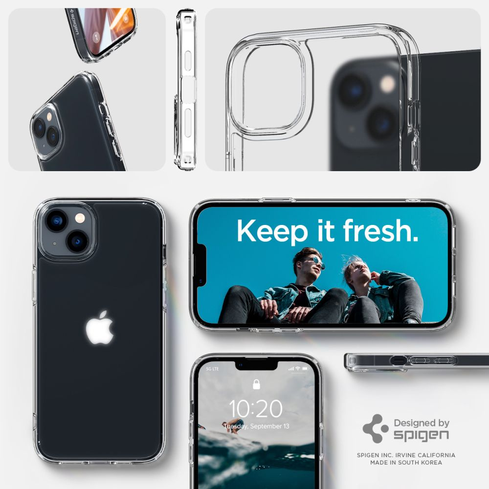 Collage mit verschiedenen Ansichten einer durchsichtigen Spigen-Handyhülle auf einem dunklen iPhone.