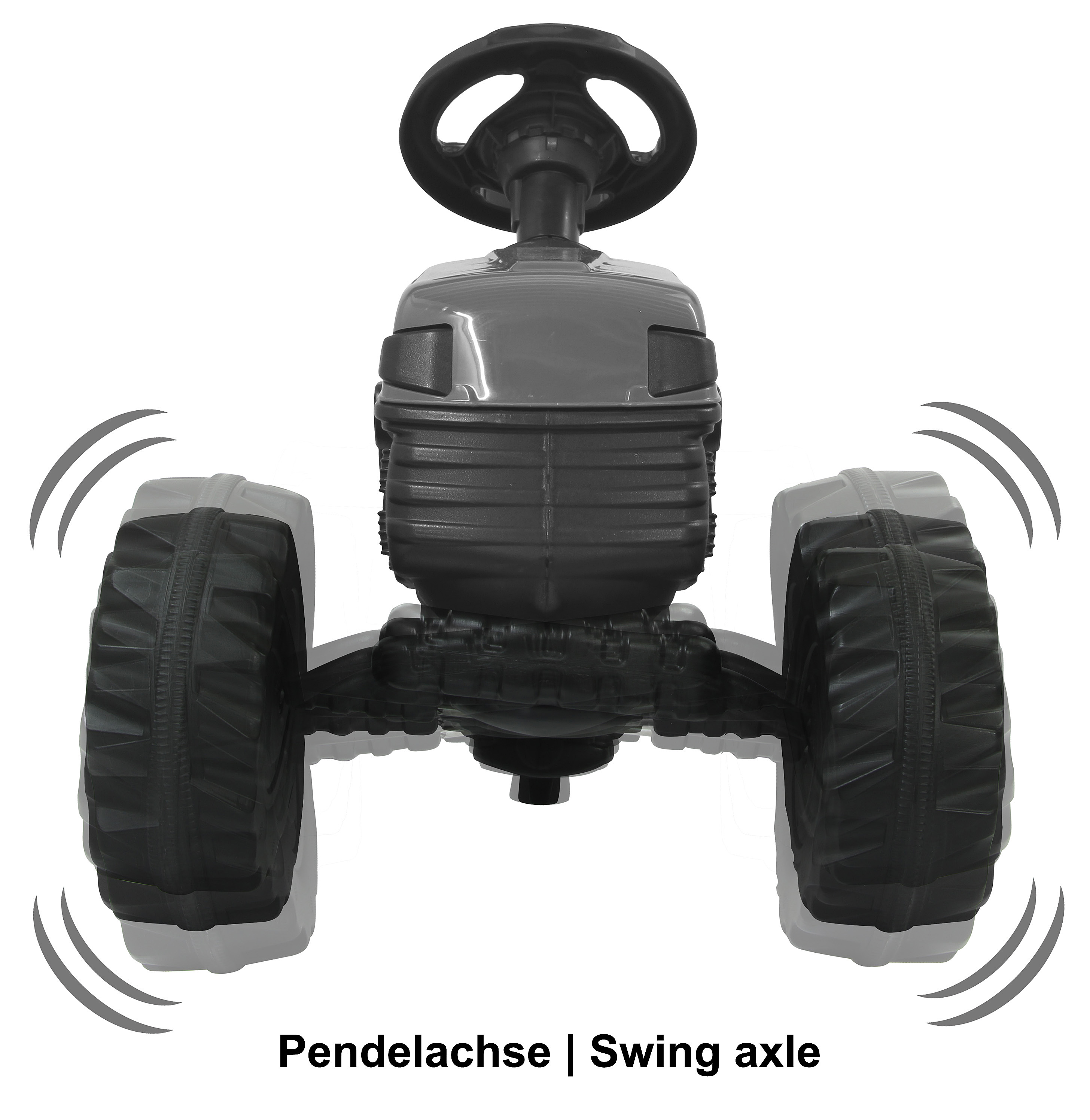 Ein Spielzeugtraktor, Vorderansicht, mit schwarzen Reifen und grauem Körper. Der Text 'Pendelachse | Swing axle' ist vorhanden.