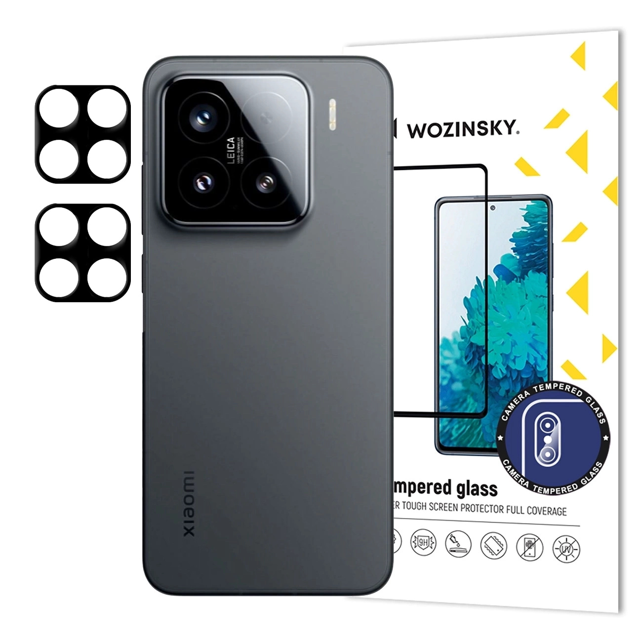 Szary telefon Xiaomi z aparatami Leica i ochraniaczami ekranu. Zawiera osłony obiektywu. Tło jest białe.