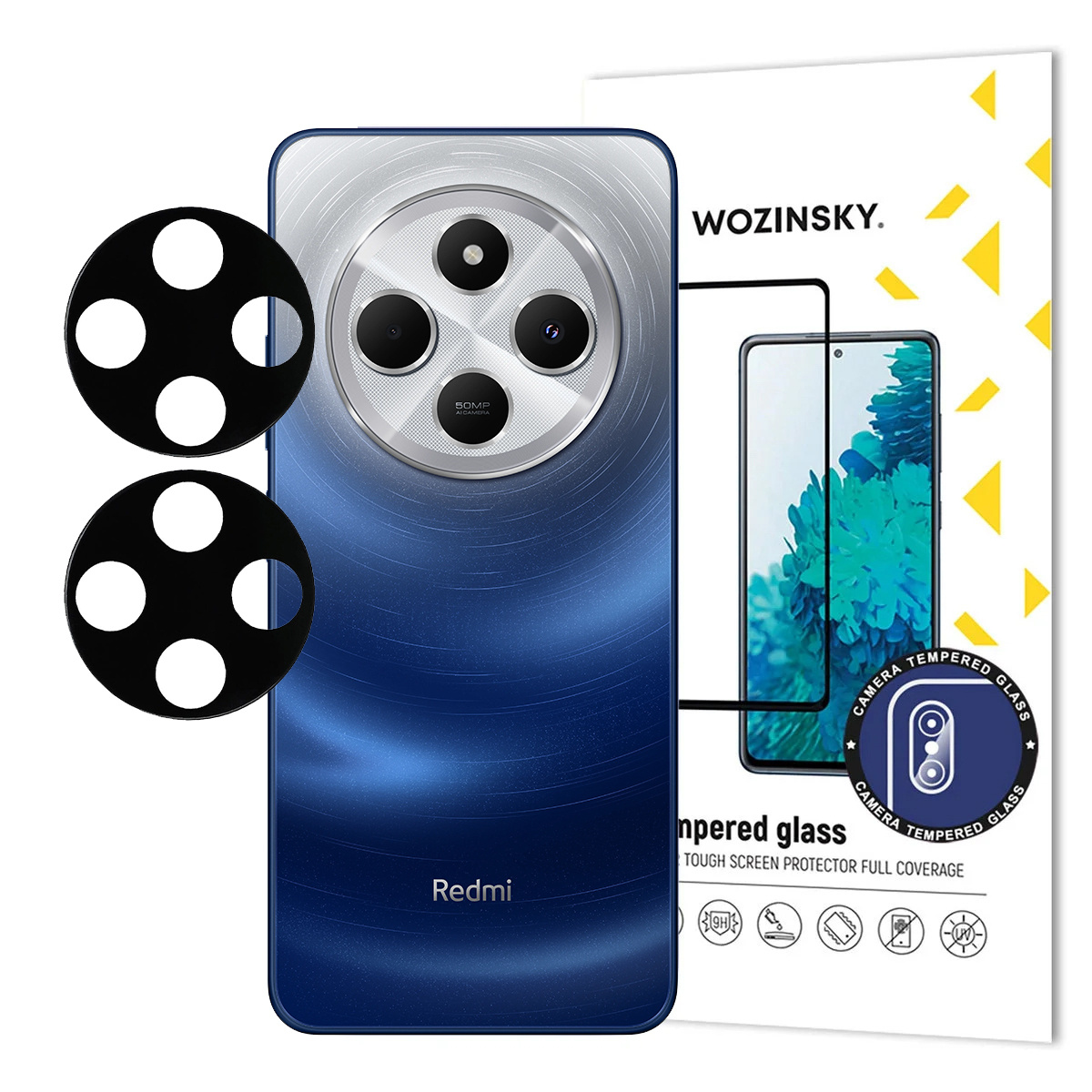 Niebieski i srebrny telefon Redmi z ochroną ekranu i osłonami obiektywu aparatu. Białe tło.