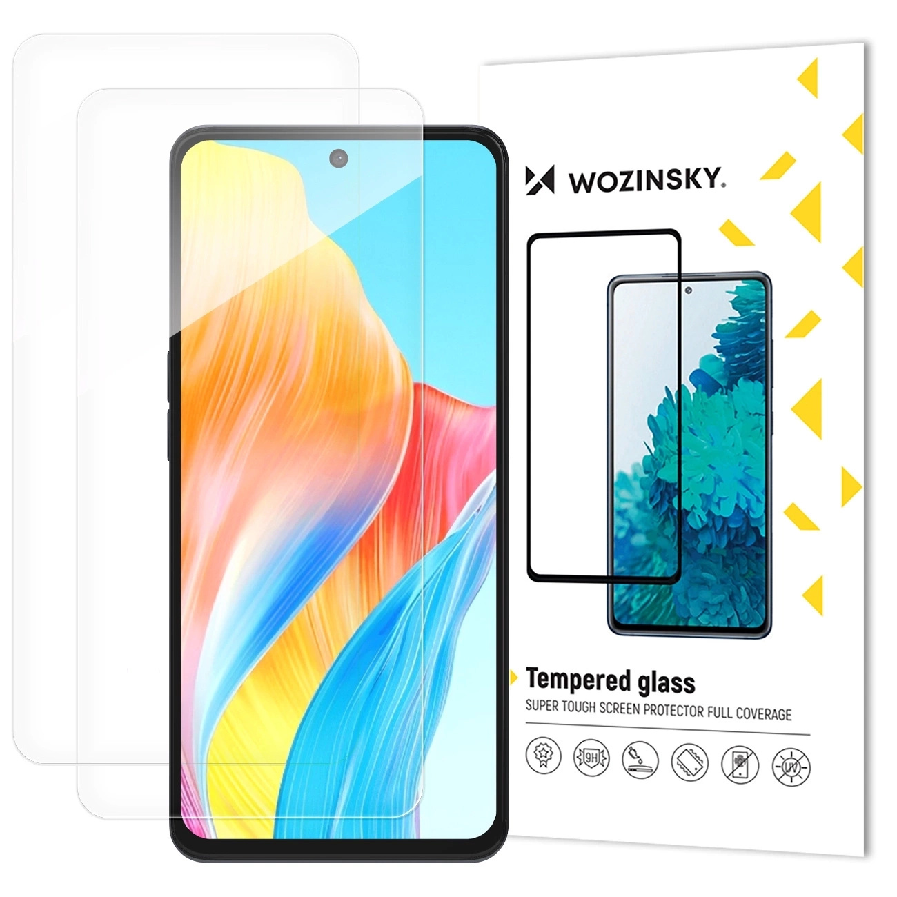 Telefon z ochroną ekranu i opakowaniem. Pokazuje ekran telefonu z kolorową grafiką.