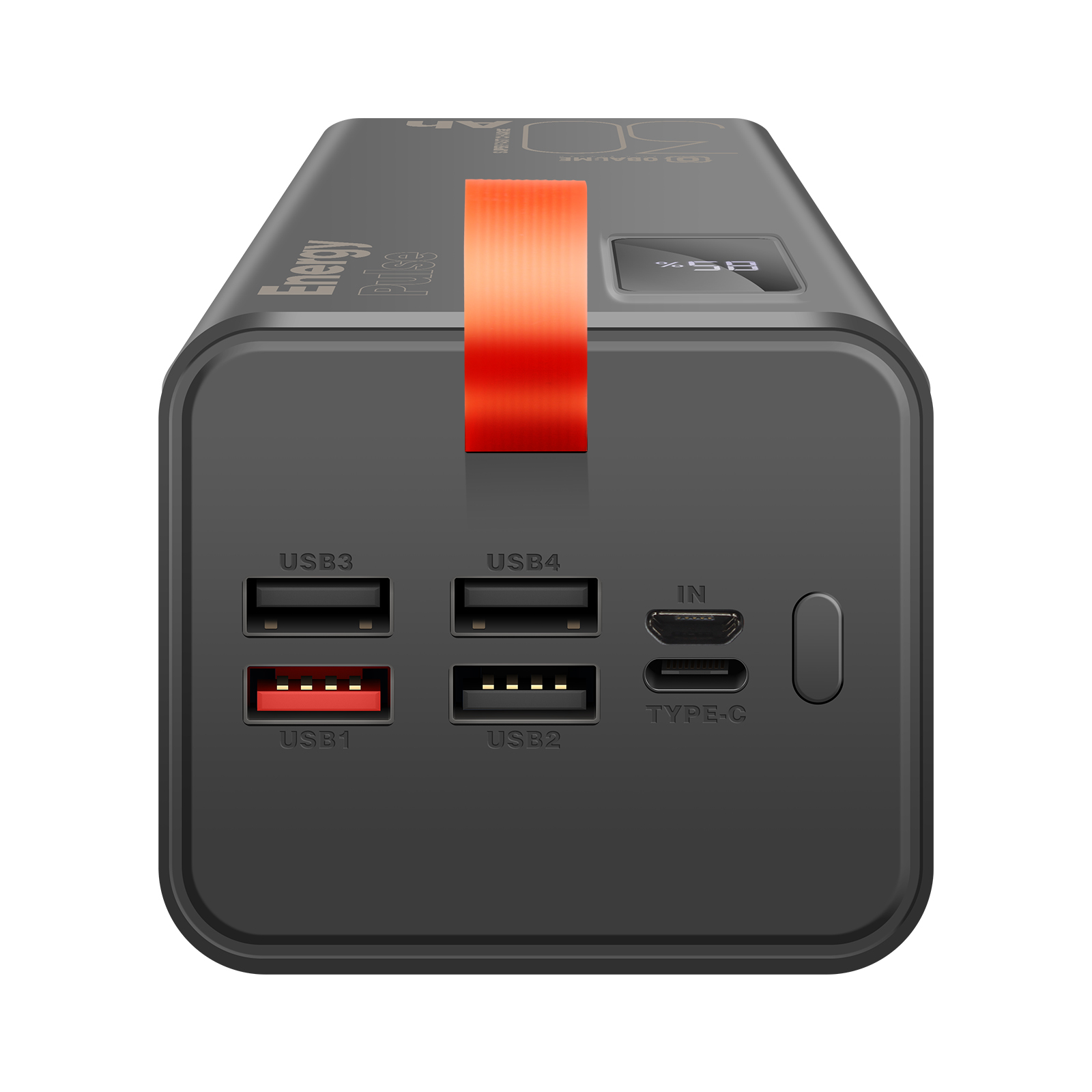 Schwarze Powerbank mit orangefarbenem Riemen, hat mehrere USB-Anschlüsse und ein Digitaldisplay.