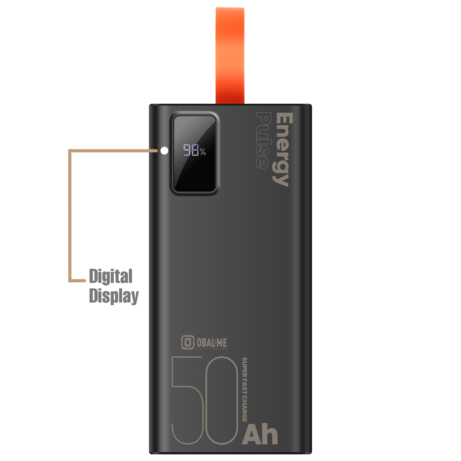 Schwarze Powerbank mit Digitalanzeige, die 98 % Ladung und das Obalme-Logo anzeigt.