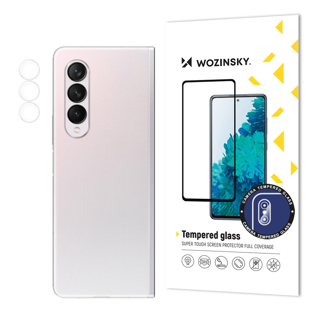Biały smartfon z trzema aparatami i opakowaniem osłony ekranu. Opakowanie pokazuje telefon i osłonę ekranu.