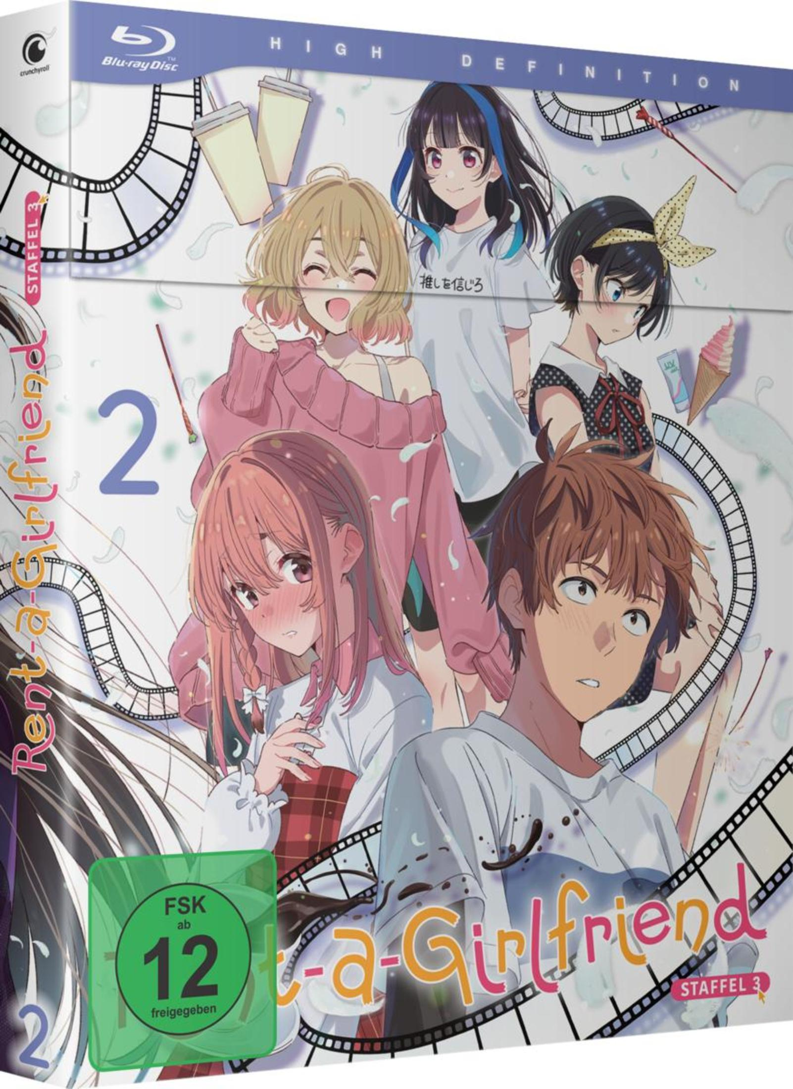 Ein DVD-Box-Set für Rent-a-Girlfriend Staffel 3, mit Anime-Charakteren auf dem Cover. Es zeigt die Zahl 2.