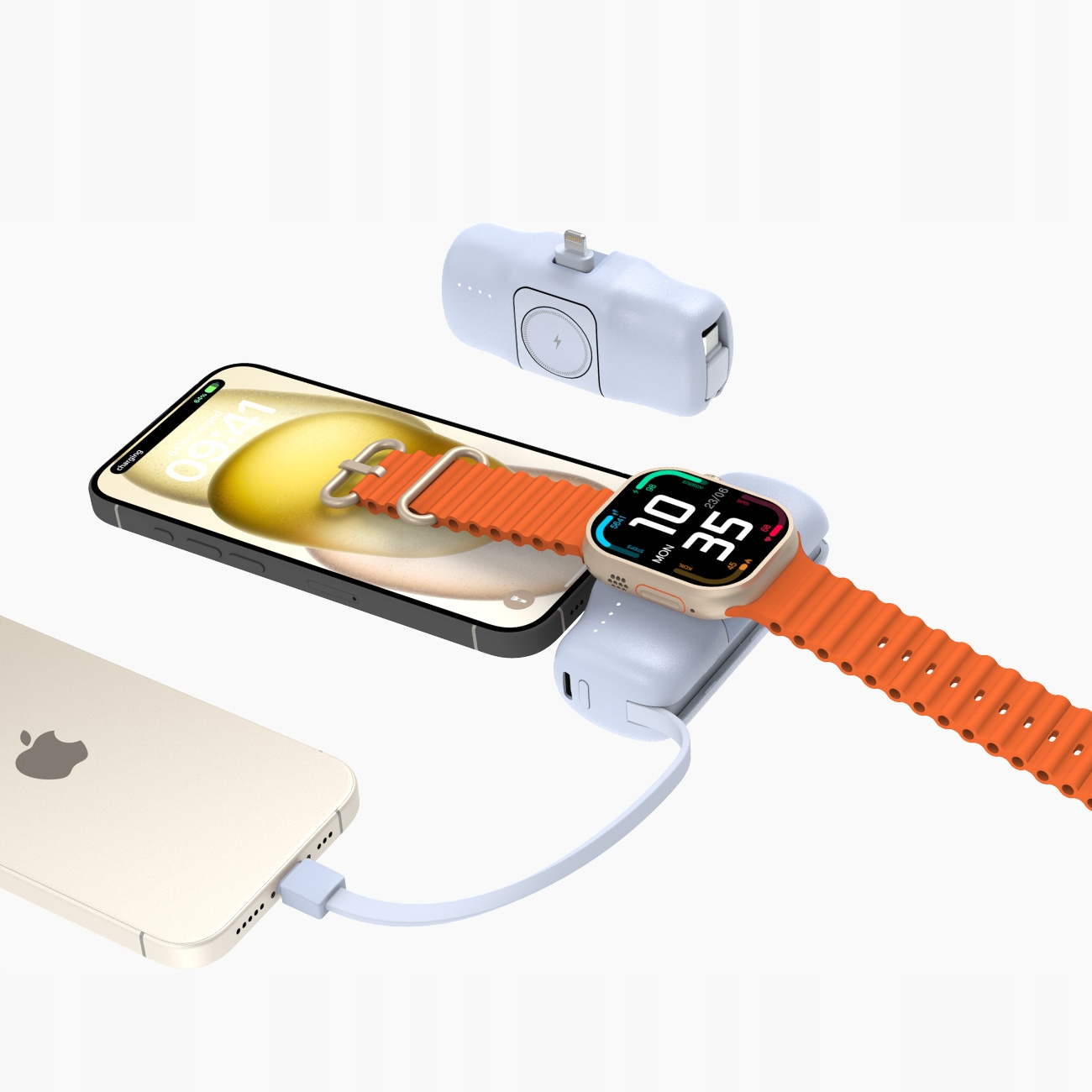 Telefon, Apple Watch i power bank w trakcie ładowania. Pomarańczowy pasek. Białe tło.