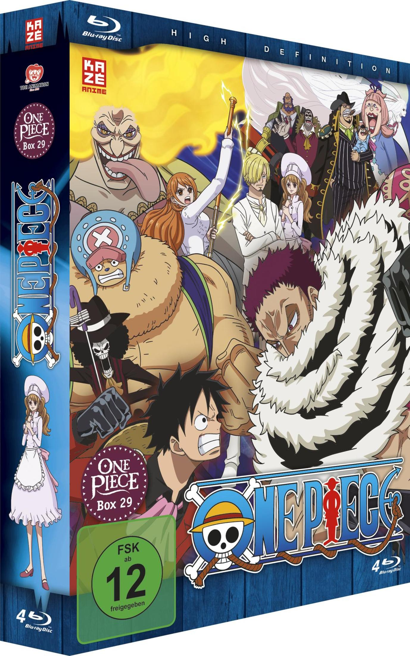 Un coffret DVD pour One Piece Box 29, avec divers personnages d'anime sur la couverture. Il est étiqueté haute définition.