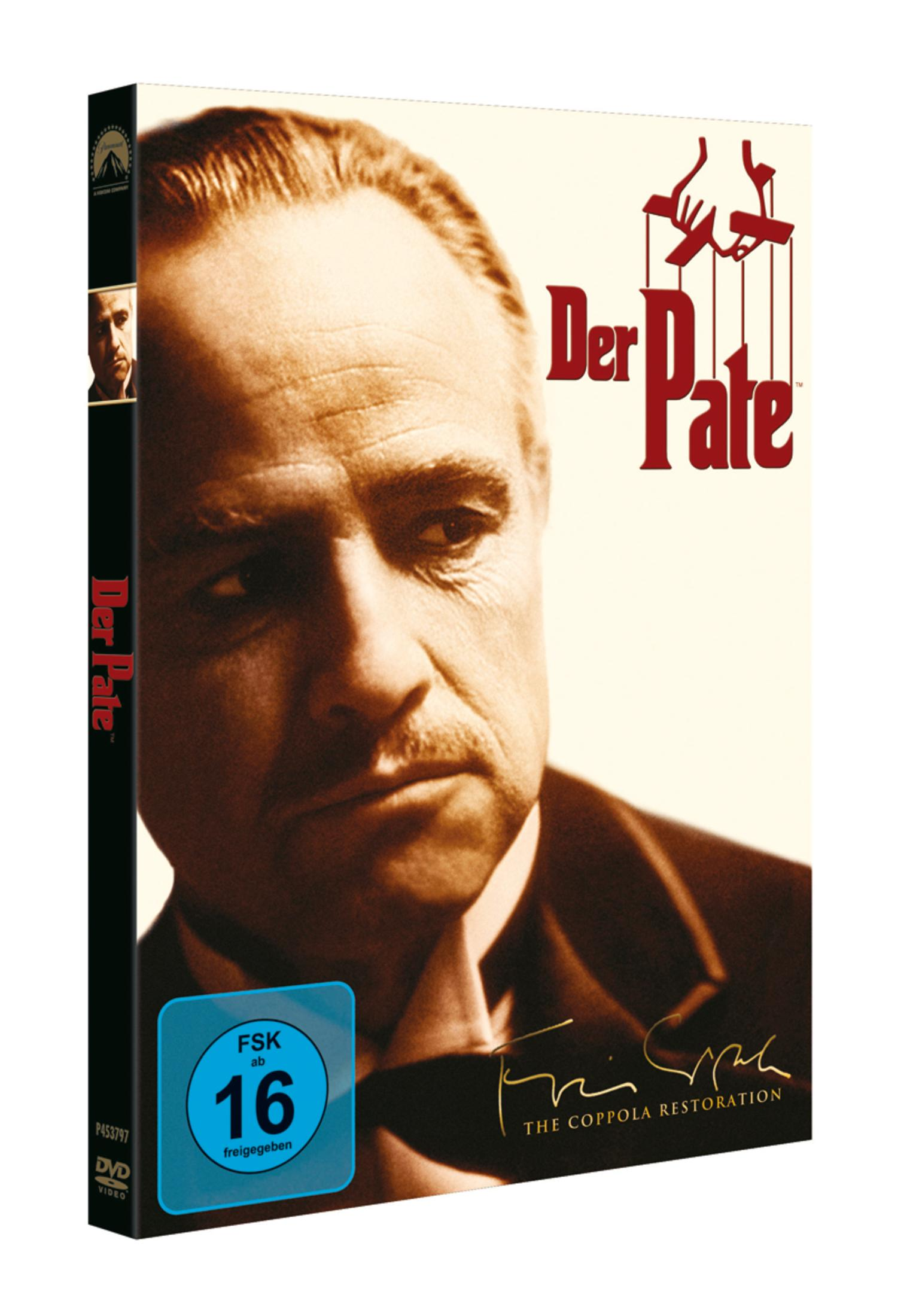 DVD-Hülle von Der Pate. Ein Porträt von Marlon Brando ist auf der Vorderseite. Schwarz, weiß und Gold.