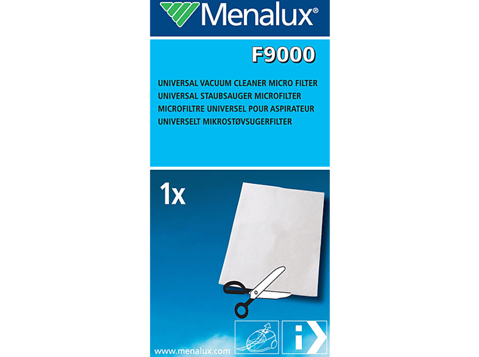 Eine Menalux F9000 Staubsauger-Mikrofilterpackung mit Filter und Schere darin.