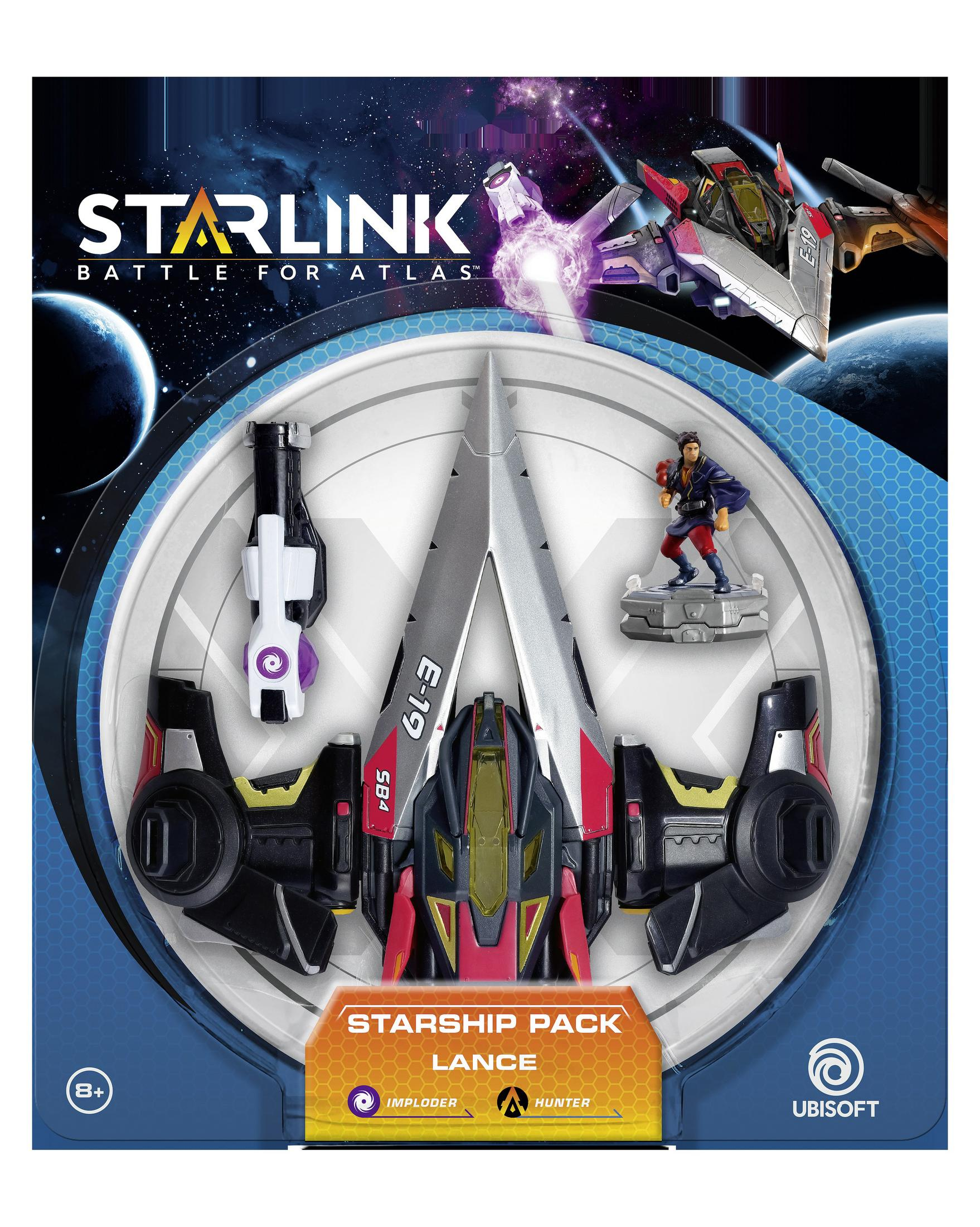 Starlink-Spielbox mit einem Raumschiff-Spielzeug. Eine Charakterfigur ist ebenfalls vorhanden.