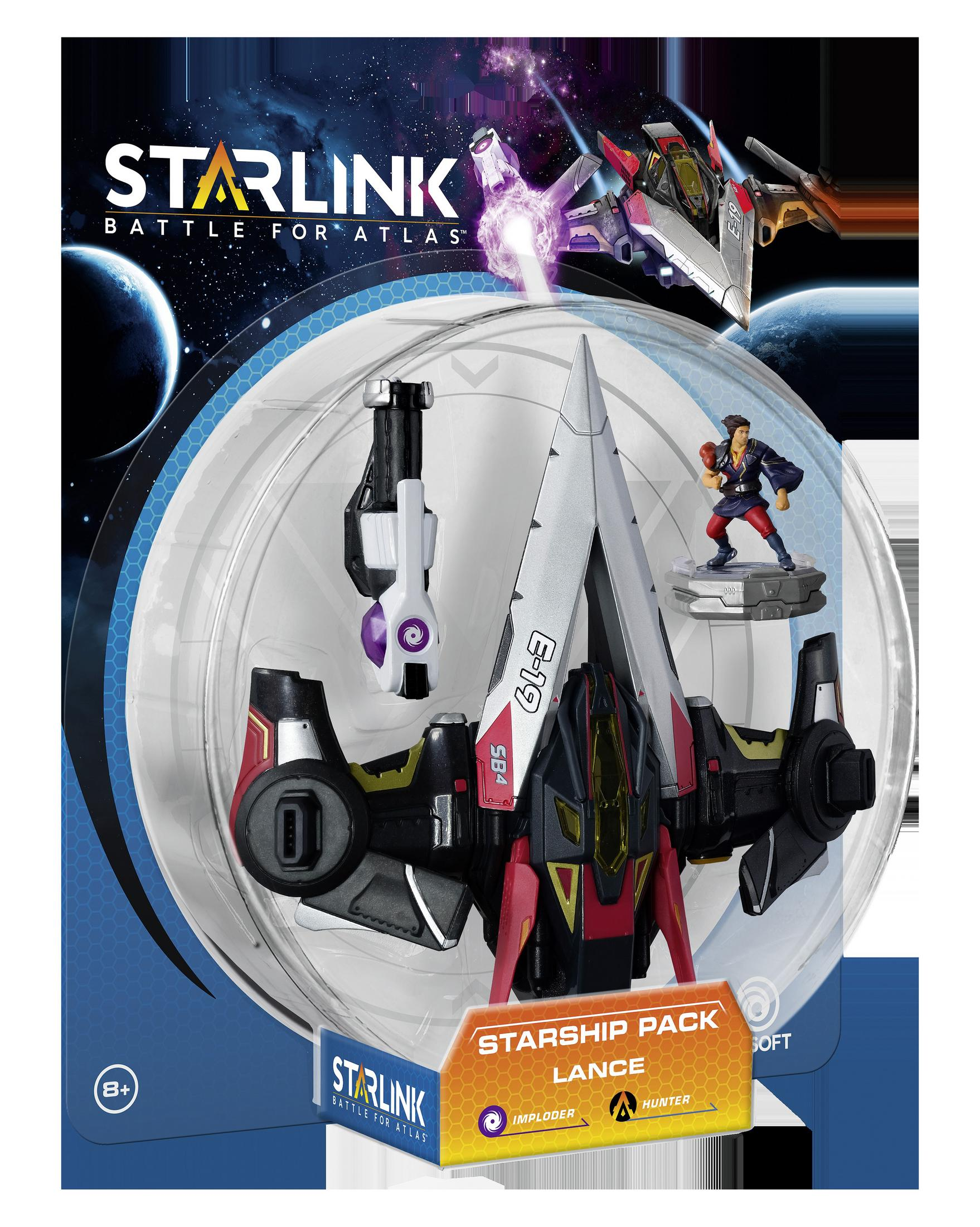 Starlink-Spielzeugset: ein Raumschiff, eine Figur und Zubehör in einer transparenten Kunststoffverpackung.