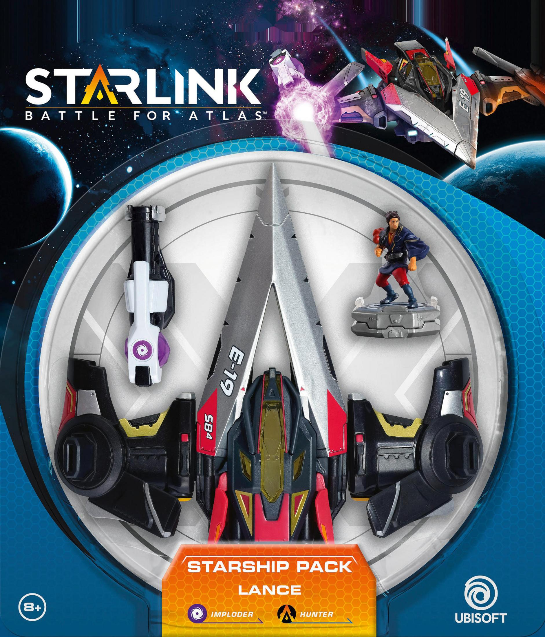 Eine Starlink-Spielbox mit Raumschiffmodell, einer Figur und zwei weiteren Spielkomponenten. Die Box ist blau.