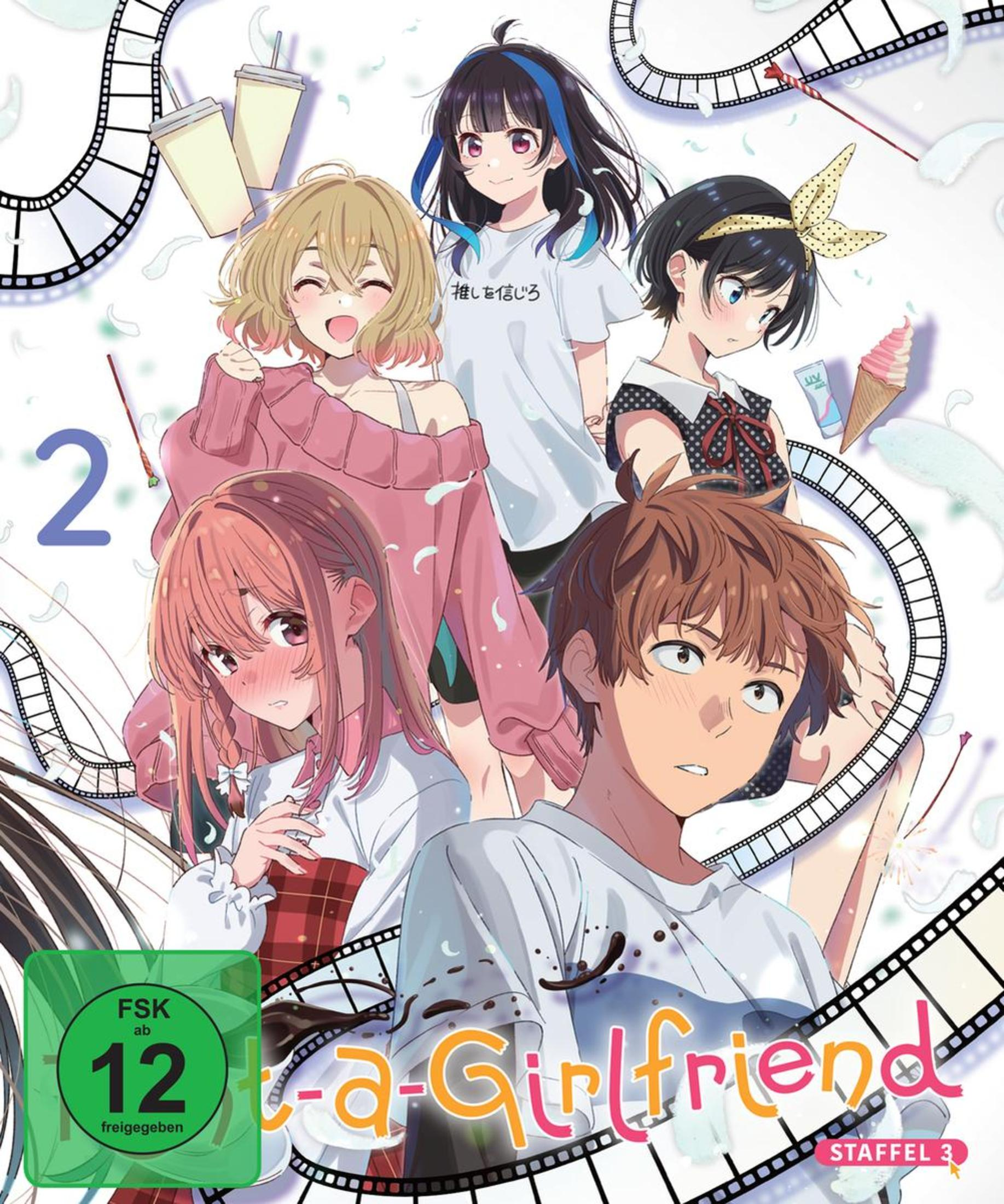 Anime-DVD-Cover mit fünf Anime-Charakteren. Der Titel lautet "Rent-a-Girlfriend" mit einem grünen FSK-Label.