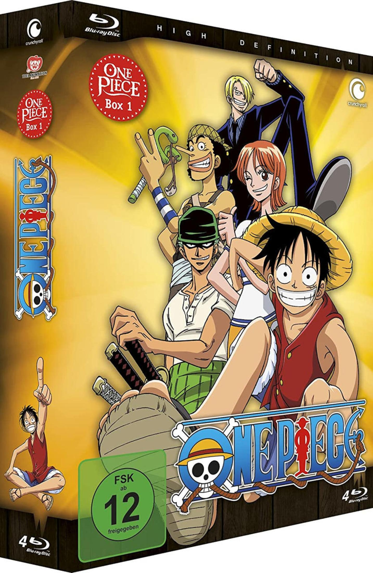 Couverture One Piece Blu-ray Box 1. Avec des personnages de dessins animés, fond jaune et texte.