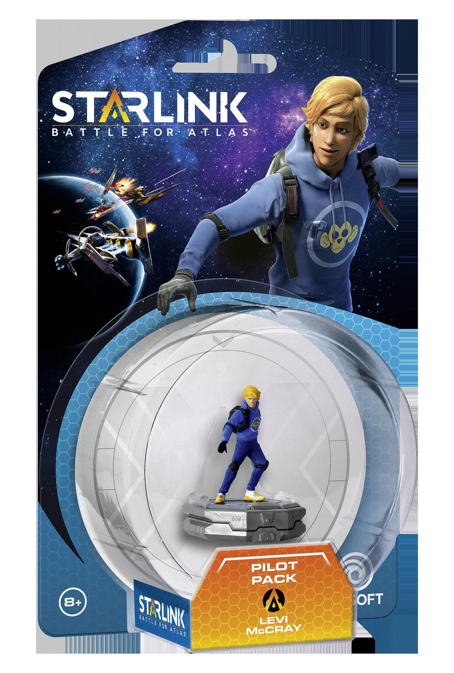 Spielzeugverpackung mit einer Jungenfigur in einem blauen Anzug, einer Spielfigur und dem Text 'Starlink Battle for Atlas'.