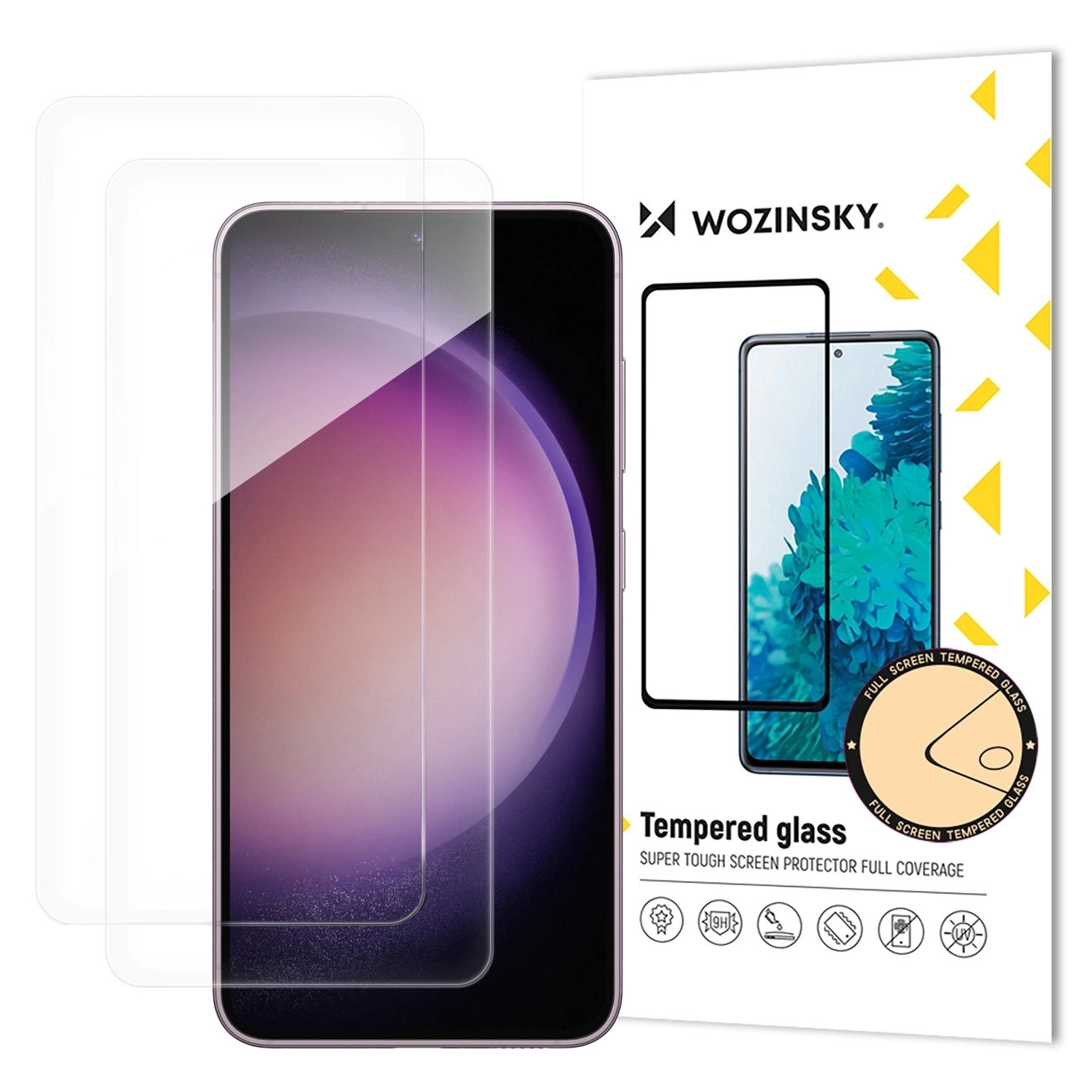 Telefon obok pudełka z ochraniaczem ekranu. Na pudełku ochraniacz na telefonie.