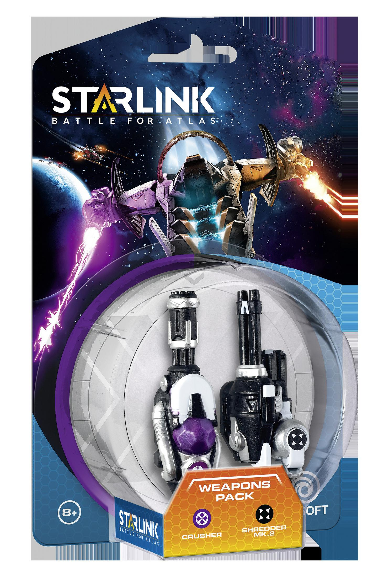 Ein Spielzeug-Waffenpaket für 'Starlink: Battle for Atlas'. Es zeigt Spielzeugwaffen und Weltraumgrafiken.