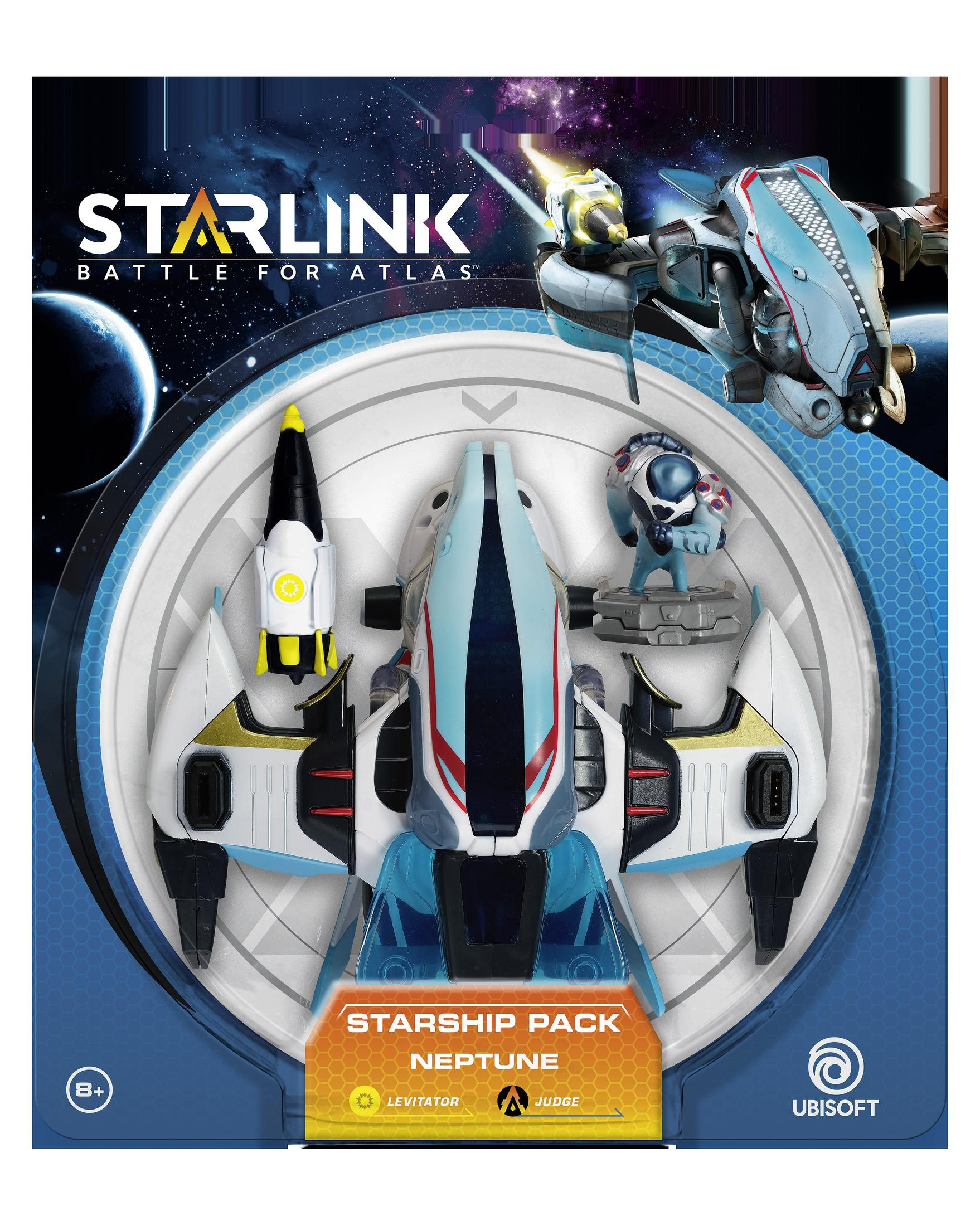 Starlink-Spielbox zeigt ein weiß-blaues Raumschiff mit kleineren Spielzeugschiffen und Weltraumhintergrund.