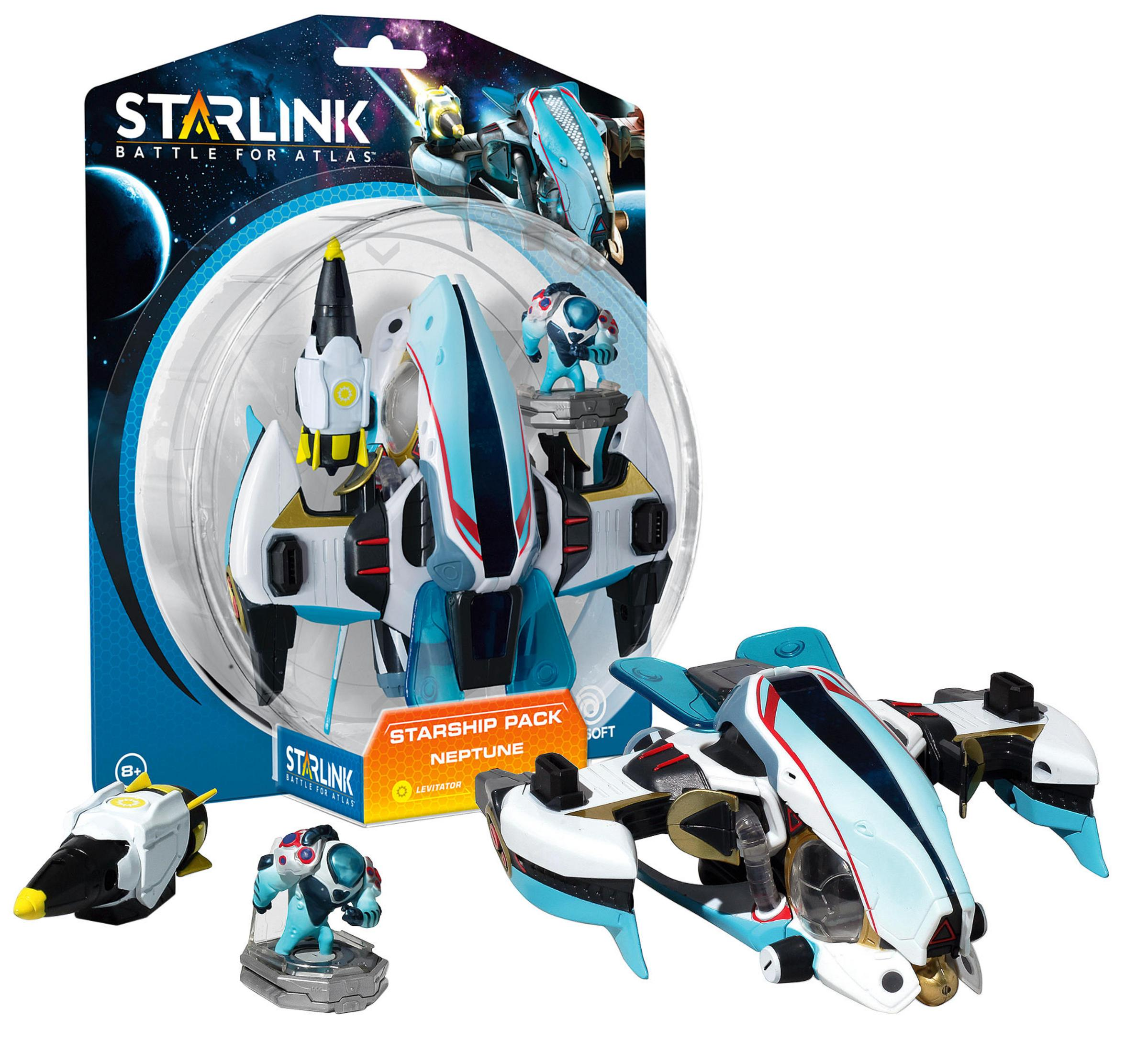 Starlink-Spielset mit mehreren Spielzeugraumschiffen und Figuren in einer transparenten Kunststoffverpackung.