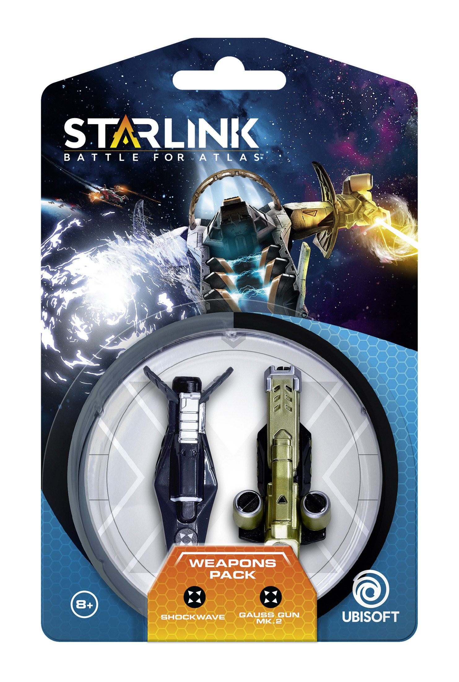 Starlink-Waffenpackung. Packung mit zwei Spielzeugwaffen, einer schwarzen und einer grünen, vor Weltraumhintergrund.